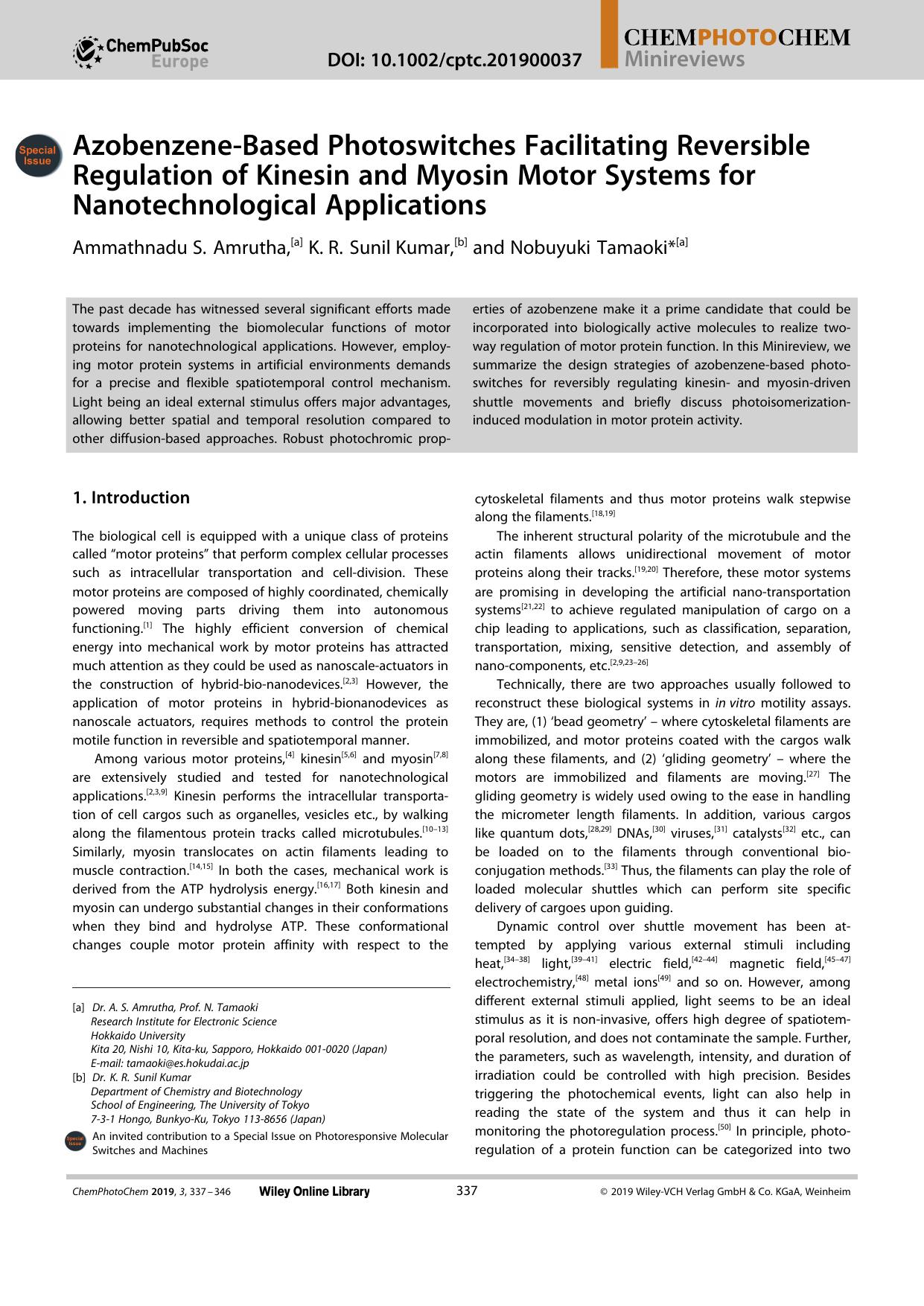 AzobenzeneâBased Photoswitches Facilitating Reversible Regulation of Kinesin and Myosin Motor Systems for Nanotechnological Applications by Unknown