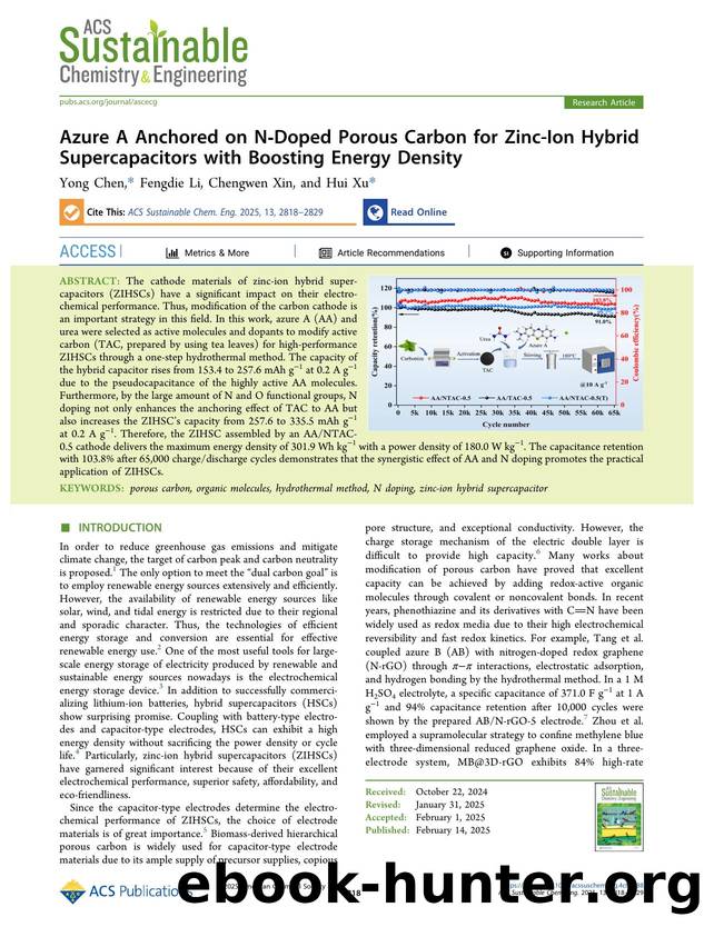 Azure A Anchored on N-Doped Porous Carbon for Zinc-Ion Hybrid Supercapacitors with Boosting Energy Density by Yong Chen Fengdie Li Chengwen Xin and Hui Xu