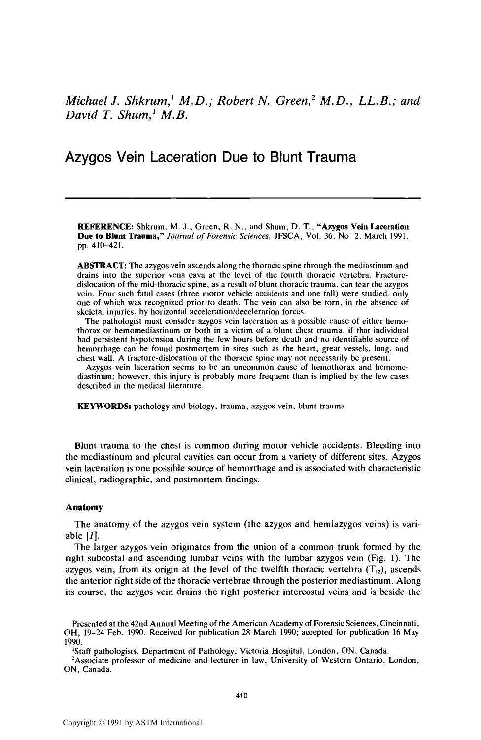 Azygos Vein Laceration Due to Blunt Trauma by Shkrum MJ Green RN Shum DT