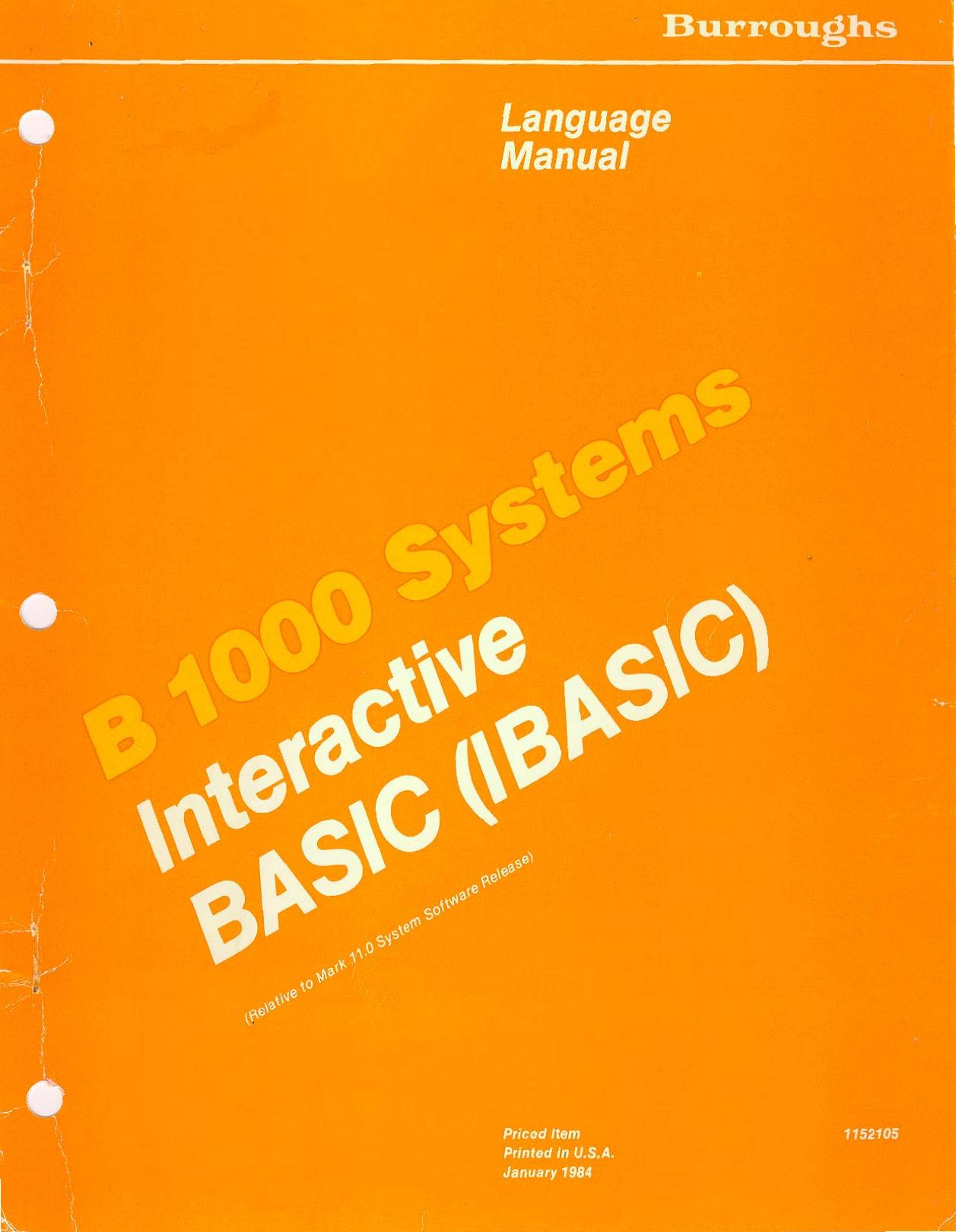 B 1000 Systems Interactive BASIC (IBASIC) by Burroughs & (c) 1984