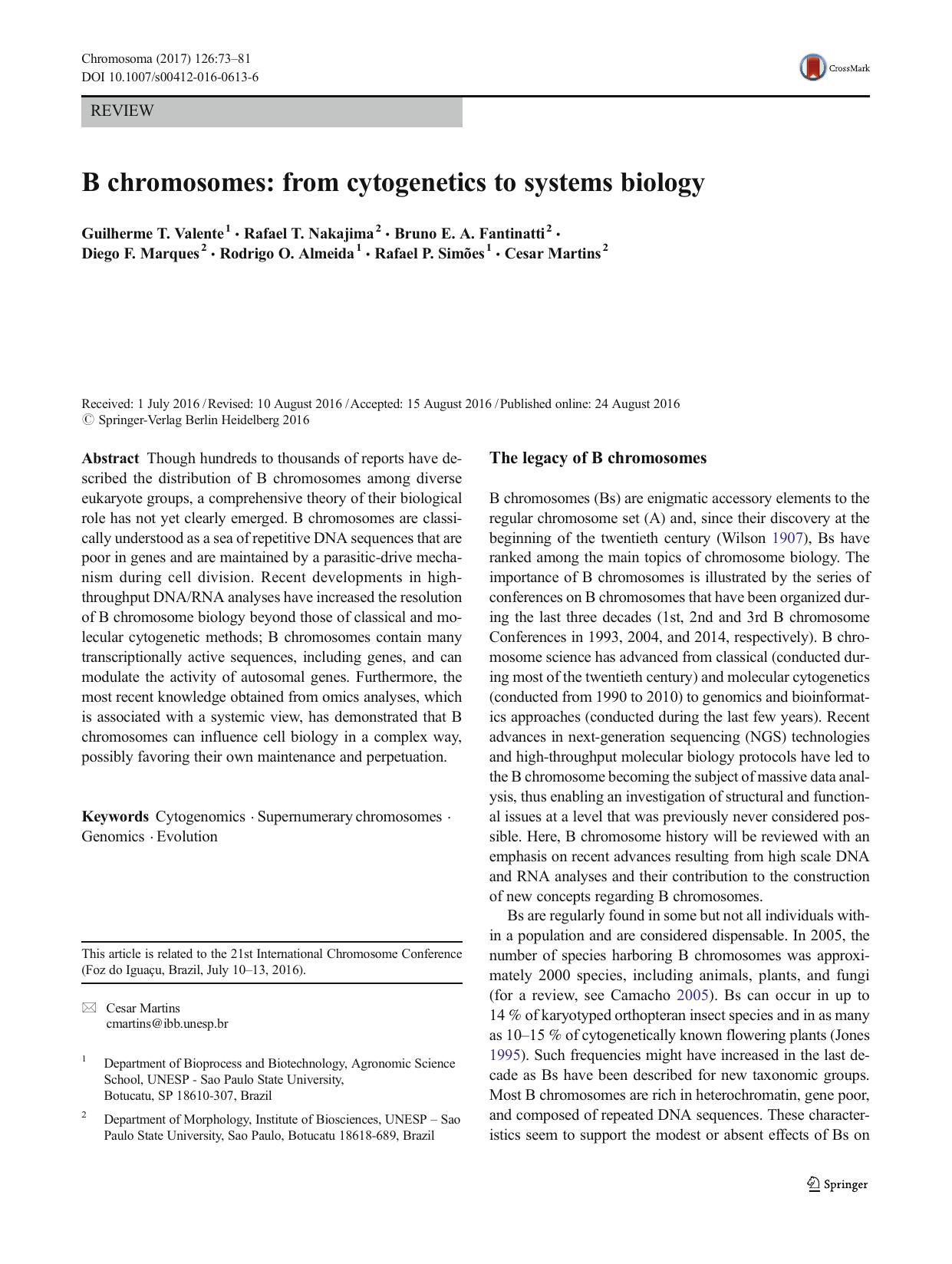 B chromosomes: from cytogenetics to systems biology by unknow
