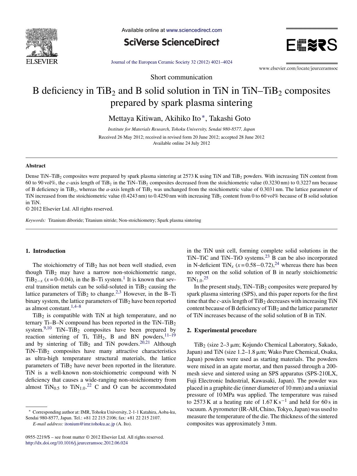 B deficiency in TiB2 and B solid solution in TiN in TiNâTiB2 composites prepared by spark plasma sintering by Mettaya Kitiwan