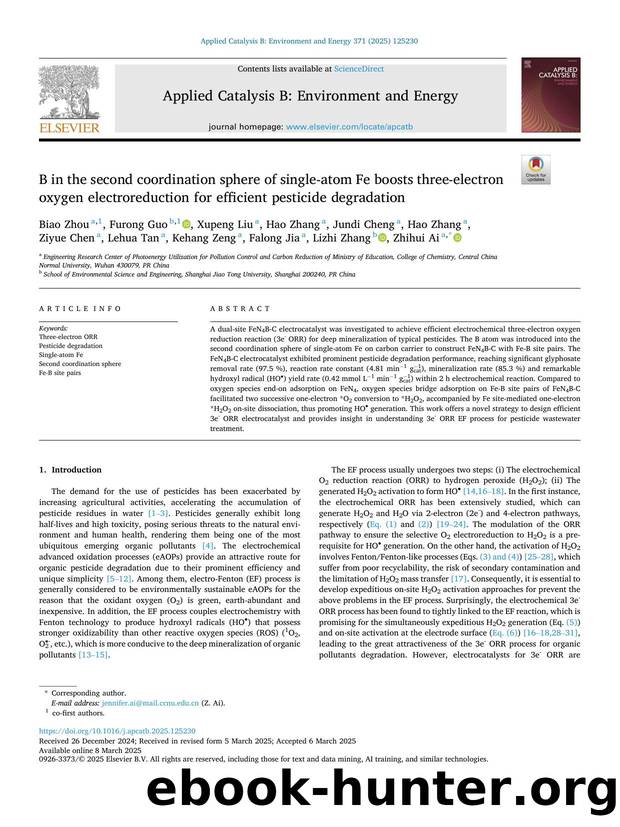 B in the second coordination sphere of single-atom Fe boosts three-electron oxygen electroreduction for efficient pesticide degradation by unknow