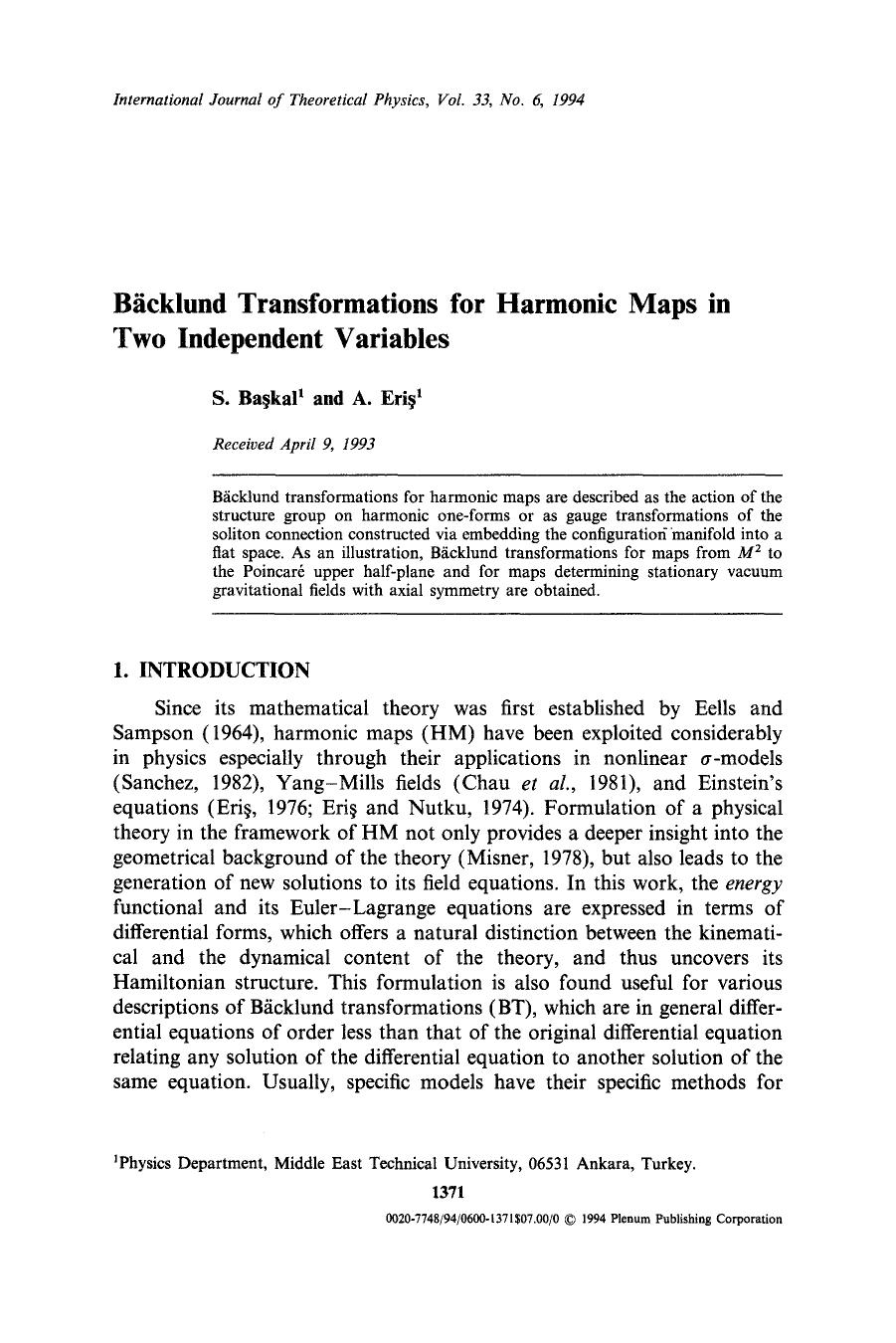 Bäcklund transformations for harmonic maps in two independent variables by Unknown