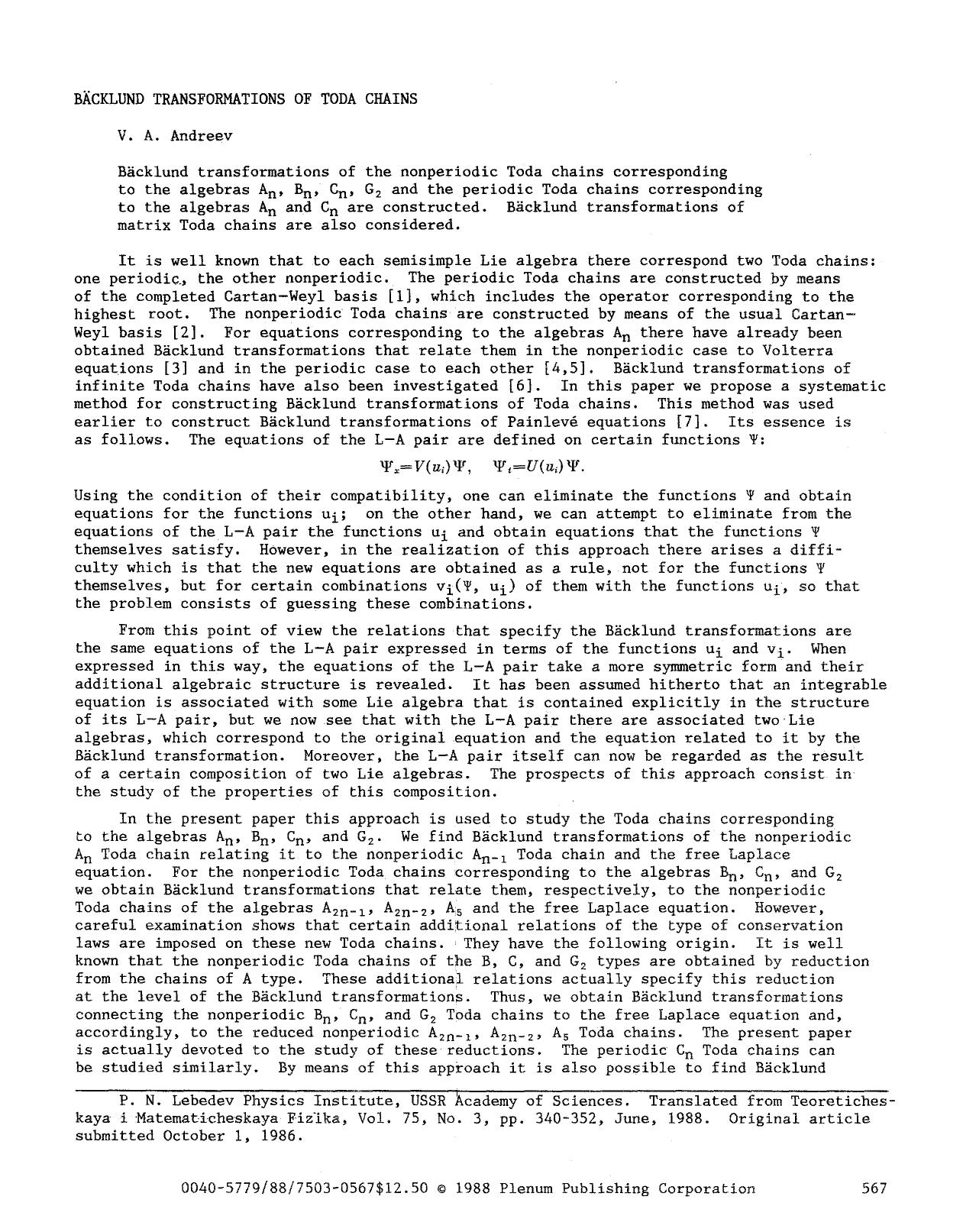 Bäcklund transformations of Toda chains by Unknown