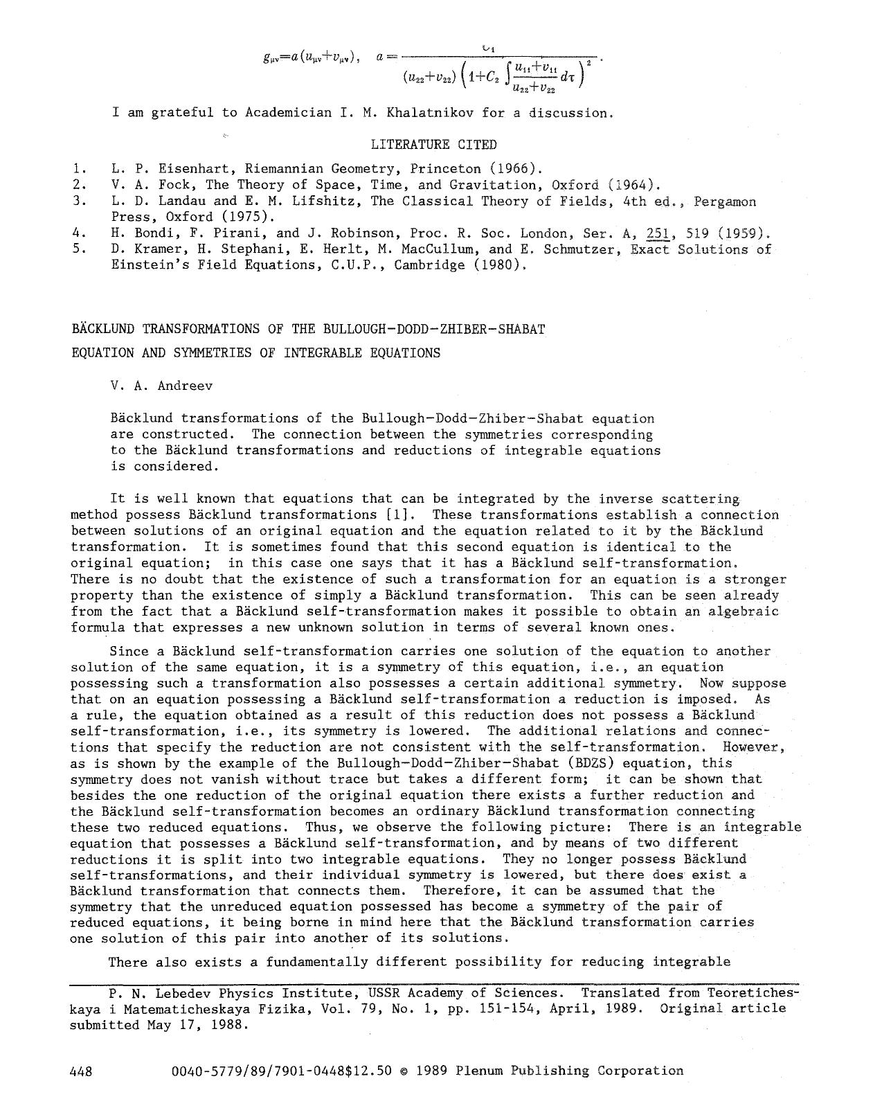 Bäcklund transformations of the Bullough-Dodd-Zhiber-Shabat equation and symmetries of integrable equations by Unknown