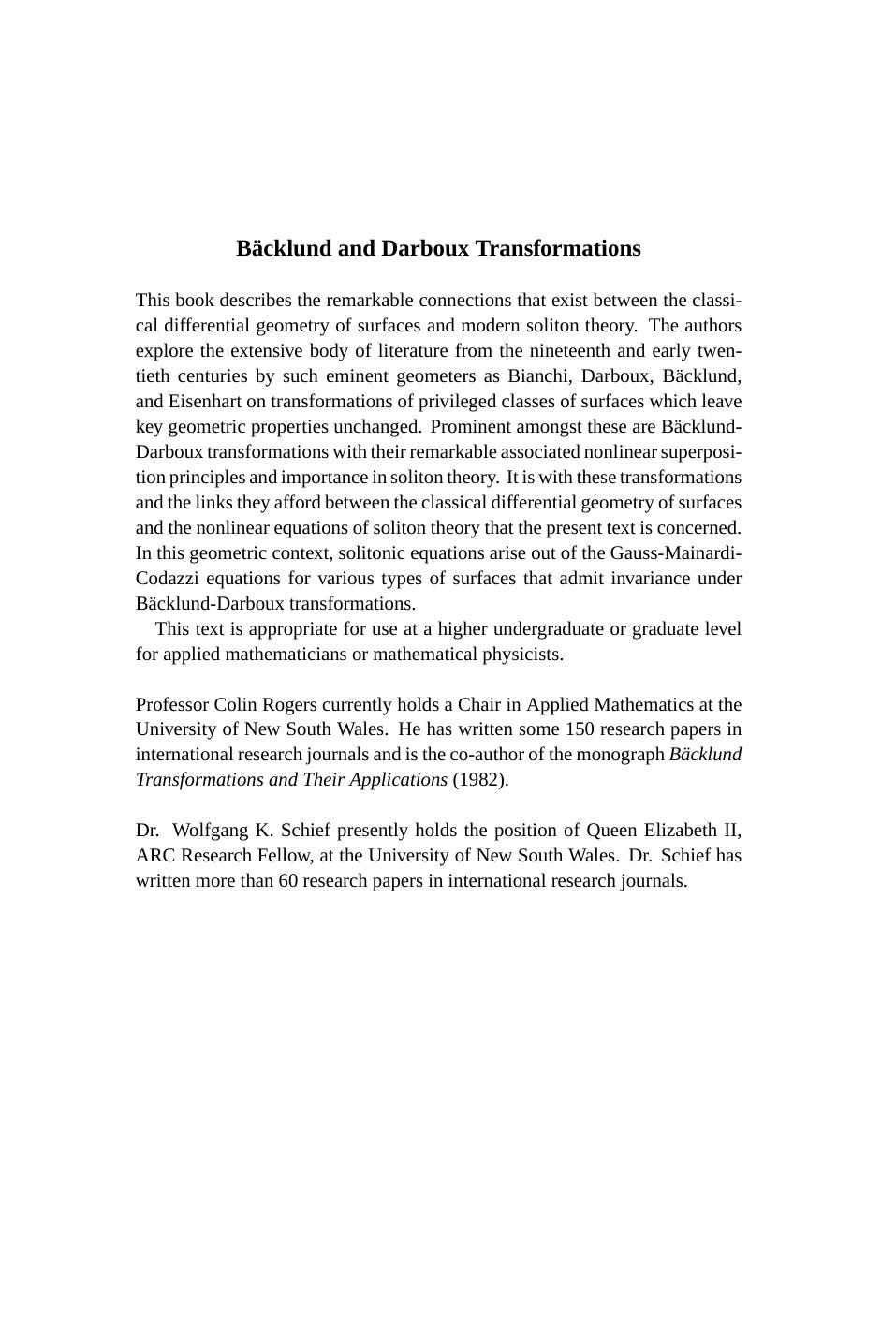 BÃ¤cklund and Darboux Transformations: Geometry and Modern Applications in Soliton Theory by C. Rogers W. K. Schief