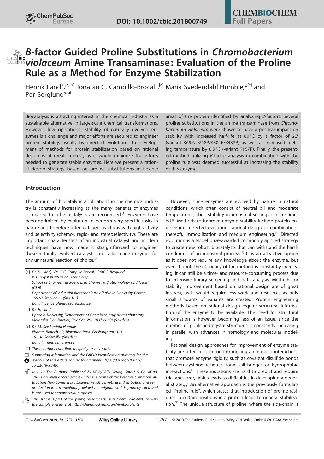 Bâfactor Guided Proline Substitutions in Chromobacterium violaceum Amine Transaminase: Evaluation of the Proline Rule as a Method for Enzyme Stabilization by Unknown