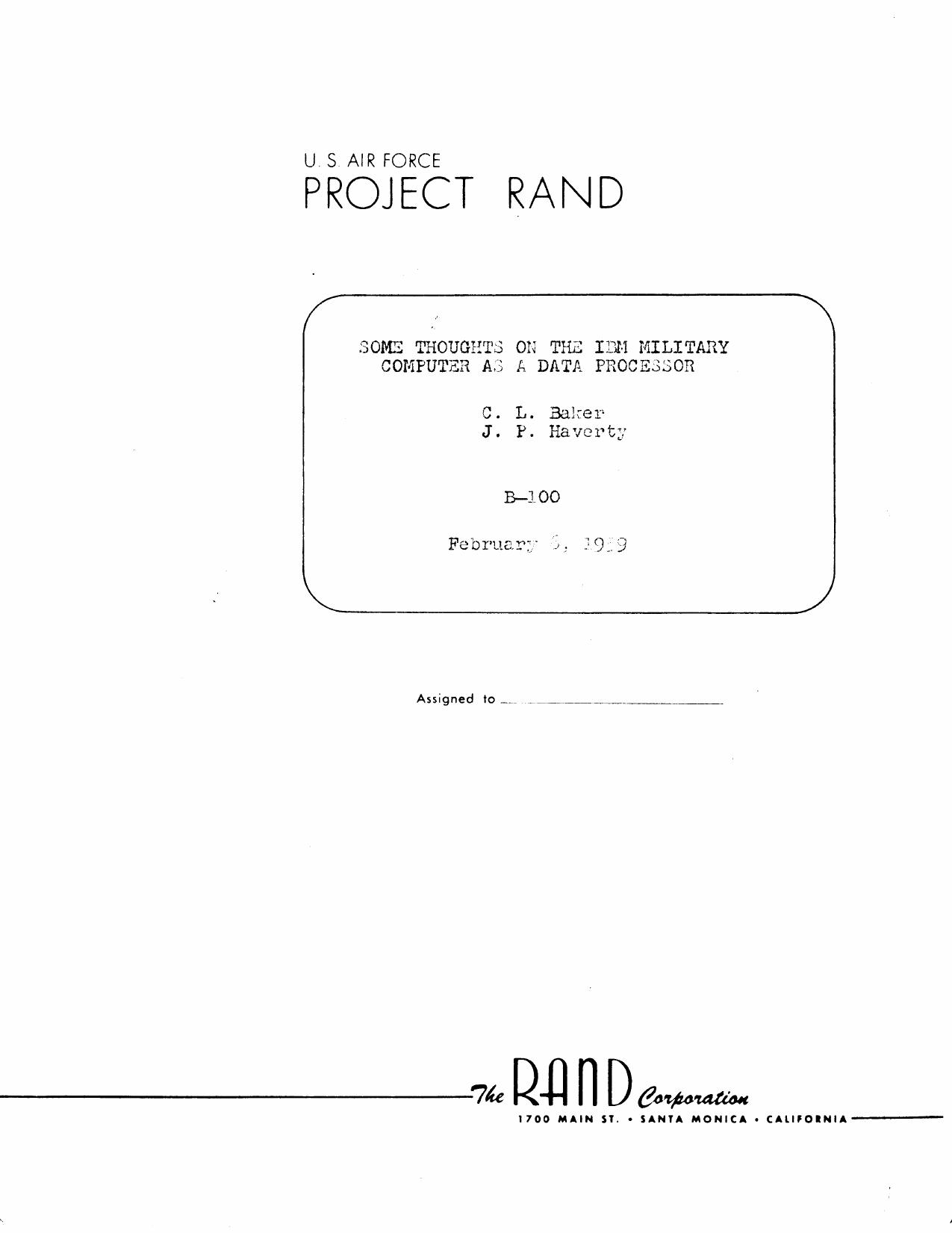 B-100 Some Thoughts on the IBM Military Computer as a Data Processor Feb59 by Unknown