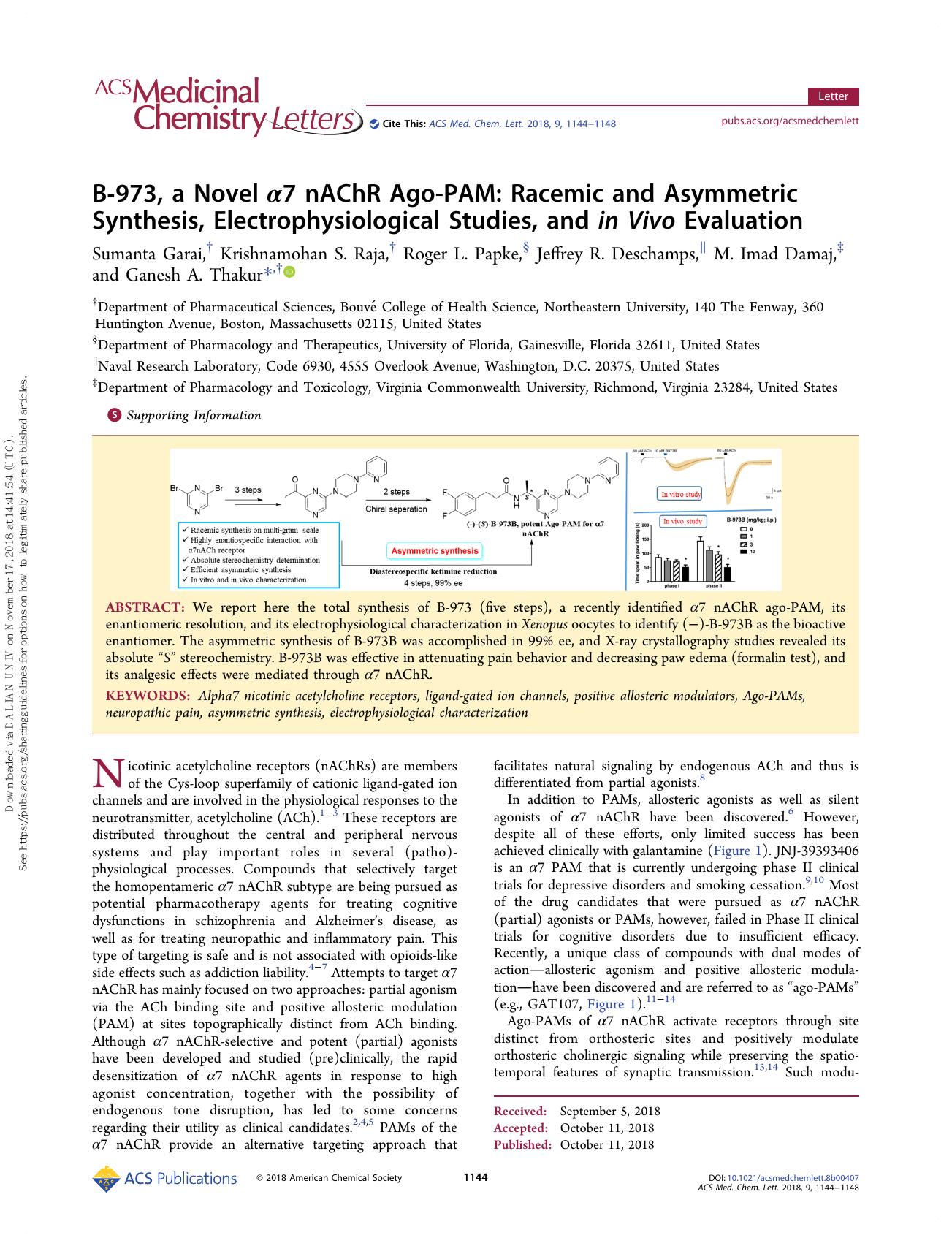 B-973, a Novel α7 nAChR Ago-PAM: Racemic and Asymmetric Synthesis, Electrophysiological Studies, and in Vivo Evaluation by unknow