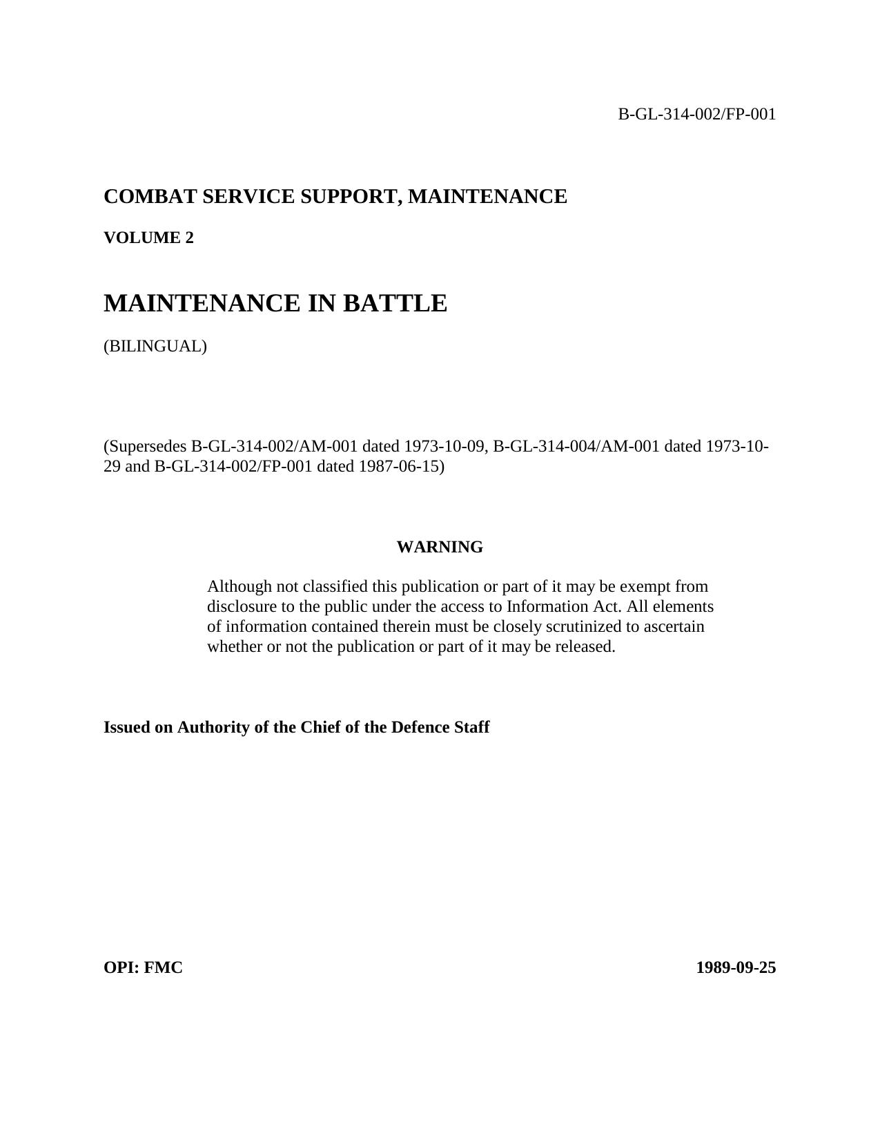 B-GL-314-002 Maintenance in Battle (1989) by Unknown