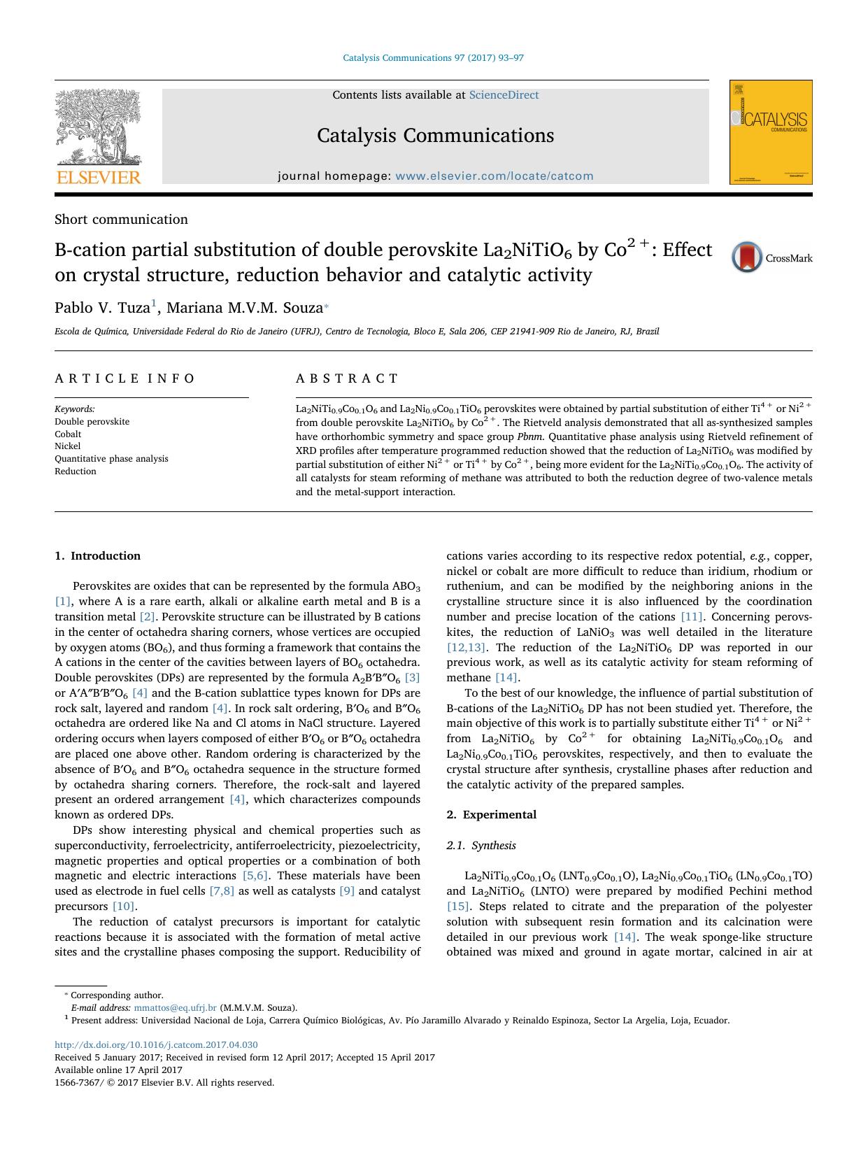 B-cation partial substitution of double perovskite La2NiTiO6 by Co2+_ Effect on crystal structure, reduction behavior and catalytic activity by Pablo V. Tuza & Mariana M.V.M. Souza