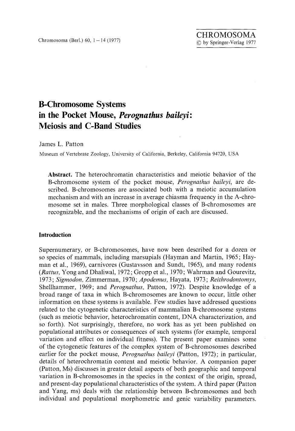 B-chromosome systems in the pocket mouse, <Emphasis Type="Italic">Perognathus baileyi<Emphasis>: Meiosis and C-band studies by Unknown