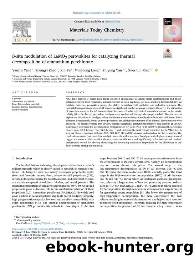 B-site modulation of LaMO3 perovskites for catalyzing thermal decomposition of ammonium perchlorate by Yanzhi Yang & Zhengyi Zhao & Xin Yu & Minghong Long & Zhiyong Yan & Xuechun Xiao