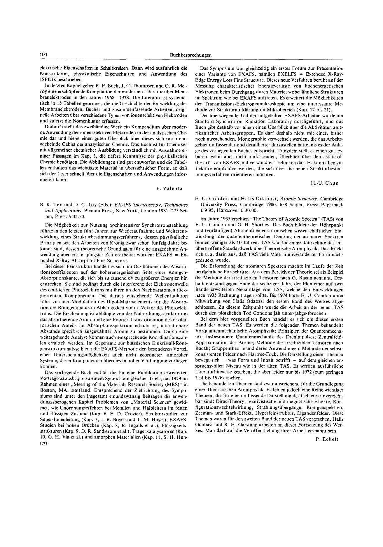 B. K. Teo und D. C. Joy (Eds.): EXAFS Spectroscopy, Techniques and Applications. Plenum Press, New York, London 1981. 275 Seiten, Preis: [dollar] 32.50. by Unknown