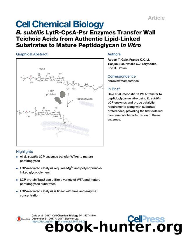 B.&nbsp;subtilis LytR-CpsA-Psr Enzymes Transfer Wall Teichoic Acids from Authentic Lipid-Linked Substrates to Mature Peptidoglycan In&nbsp;Vitro by Robert T. Gale & Franco K.K. Li & Tianjun Sun & Natalie C.J. Strynadka & Eric D. Brown