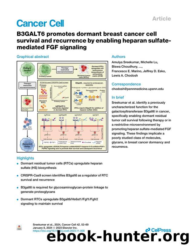 B3GALT6 promotes dormant breast cancer cell survival and recurrence by enabling heparan sulfate-mediated FGF signaling by unknow