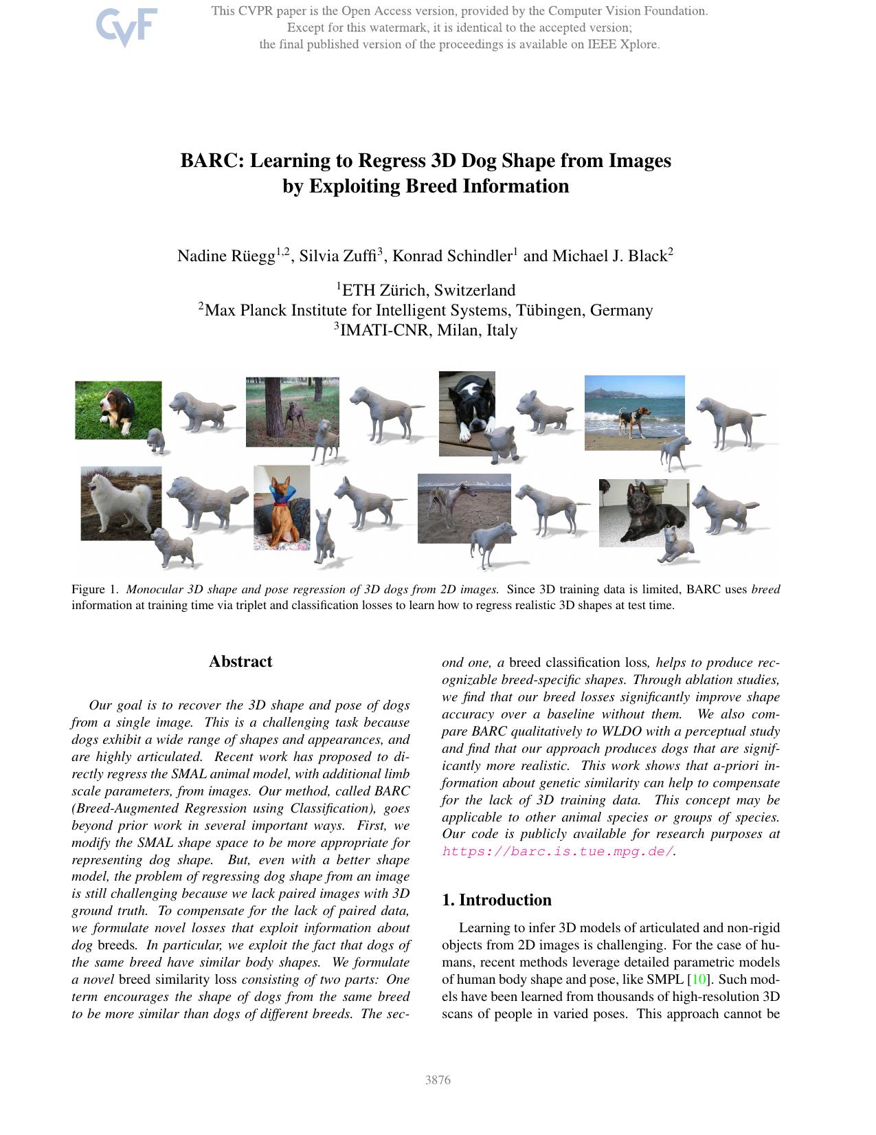 BARC: Learning To Regress 3D Dog Shape From Images by Exploiting Breed Information by Nadine Ruegg & Silvia Zuffi & Konrad Schindler & Michael J. Black