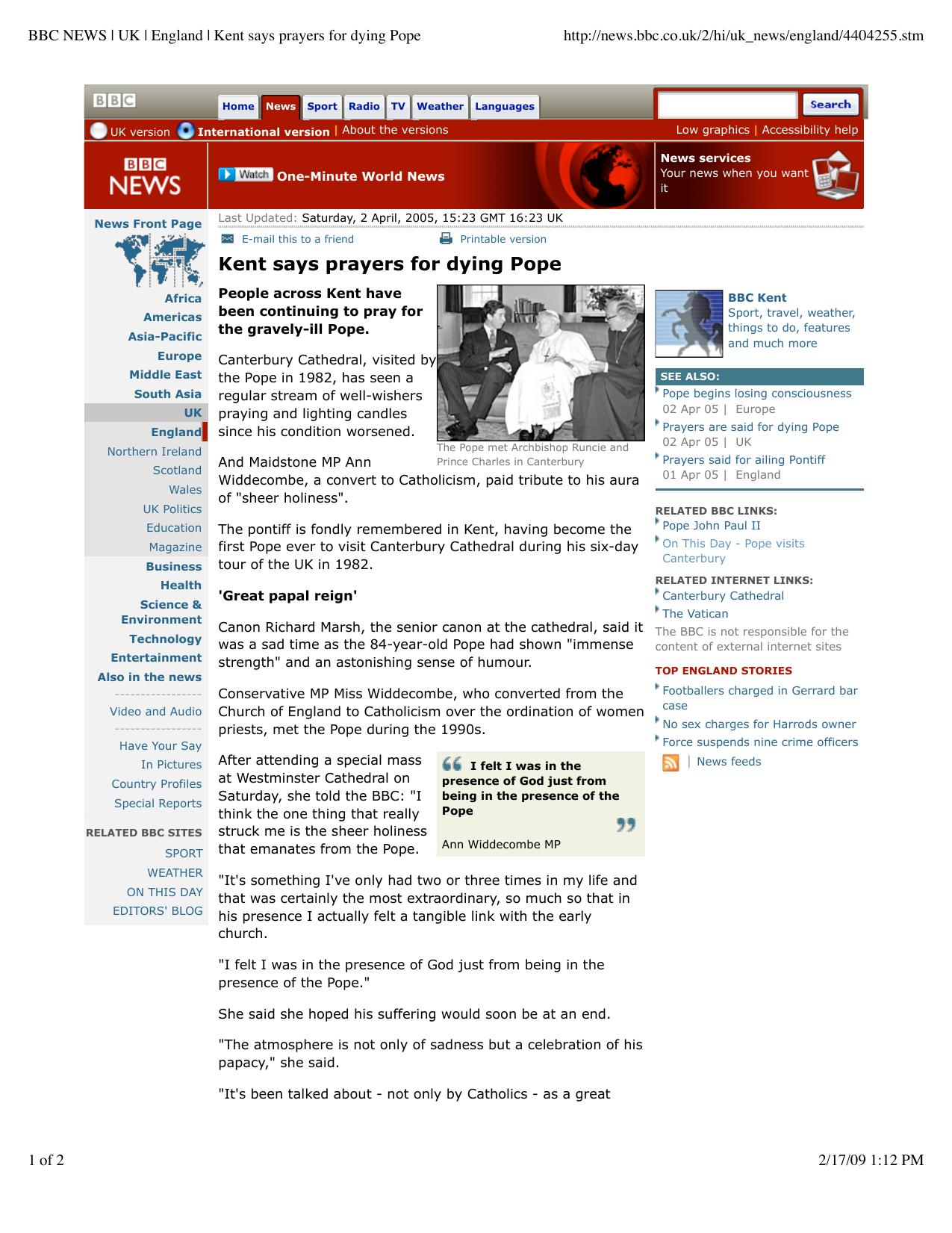 BBC NEWS | UK | England | Kent says prayers for dying Pope by BBC News - UK