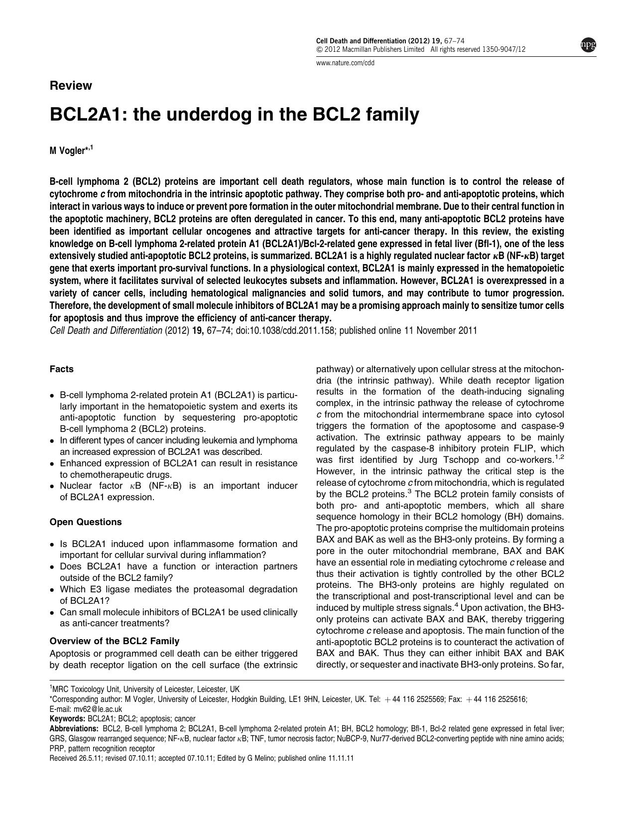 BCL2A1: the underdog in the BCL2 family by M Vogler &