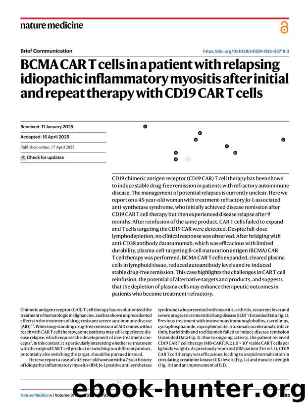 BCMA CAR T cells in a patient with relapsing idiopathic inflammatory myositis after initial and repeat therapy with CD19 CAR T cells by unknow