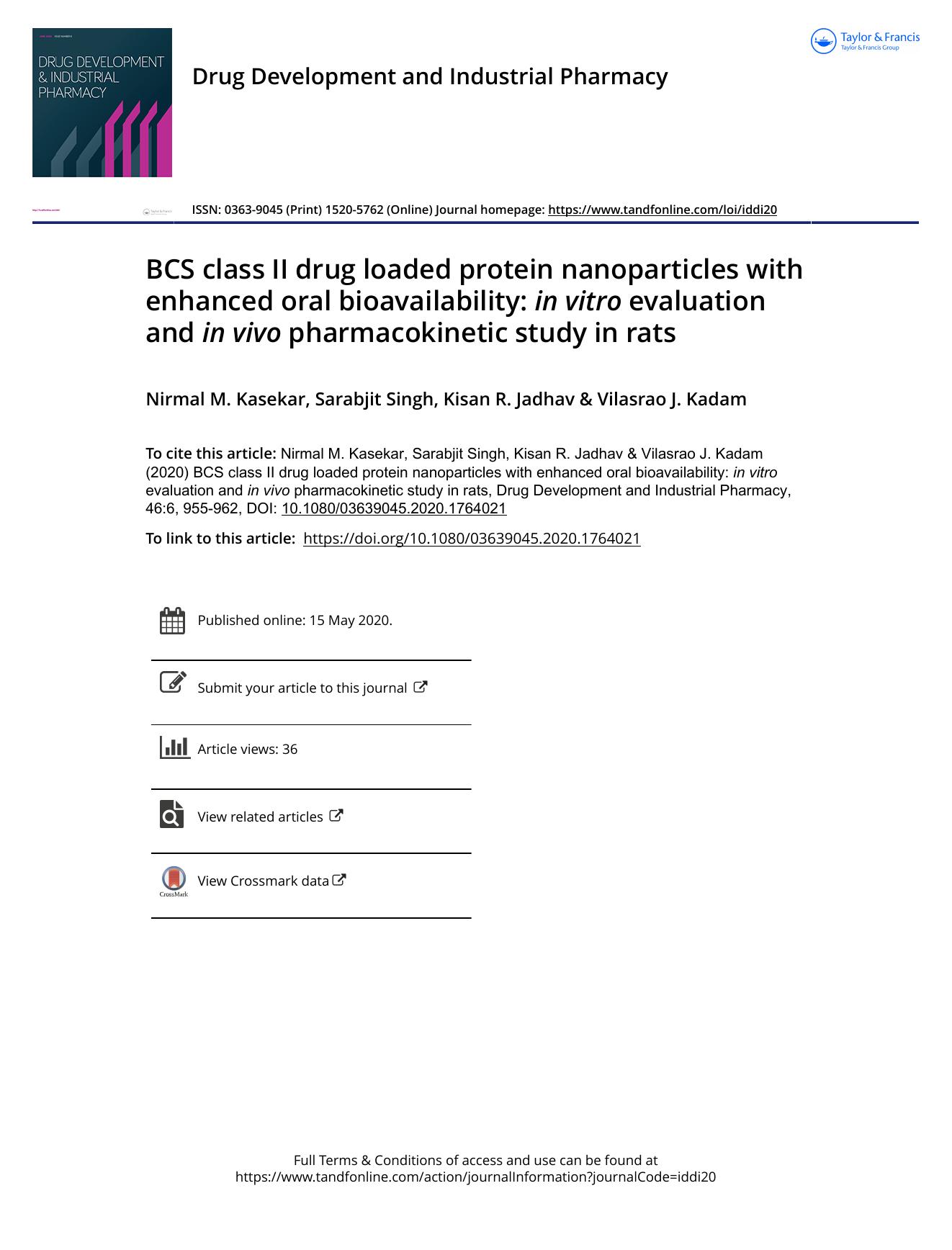 BCS class II drug loaded protein nanoparticles with enhanced oral bioavailability: inÂ vitro evaluation and inÂ vivo pharmacokinetic study in rats by Kasekar Nirmal M. & Singh Sarabjit & Jadhav Kisan R. & Kadam Vilasrao J