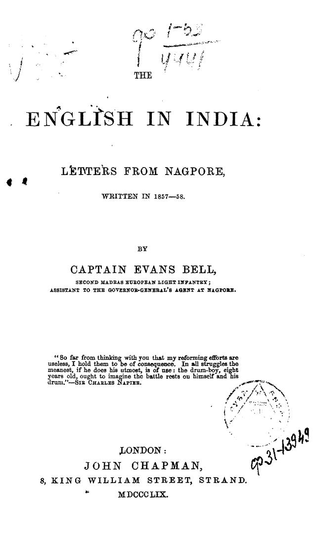 BELL, BY Captain Evans BELL - The english in india by 1859