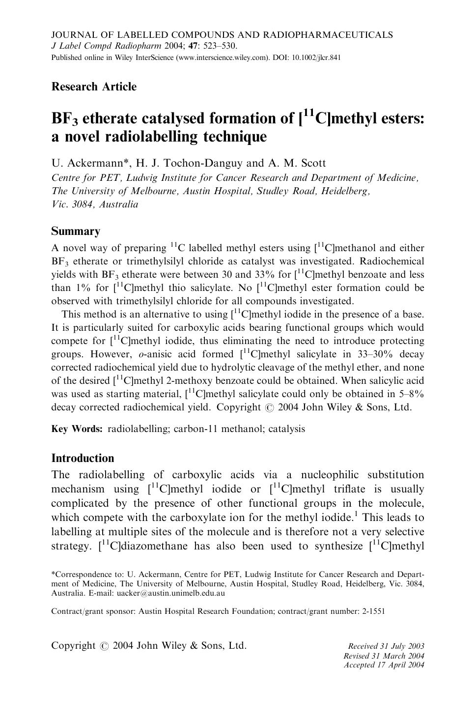 BF3 etherate catalysed formation of [11C]methyl esters: a novel radiolabelling technique by Unknown