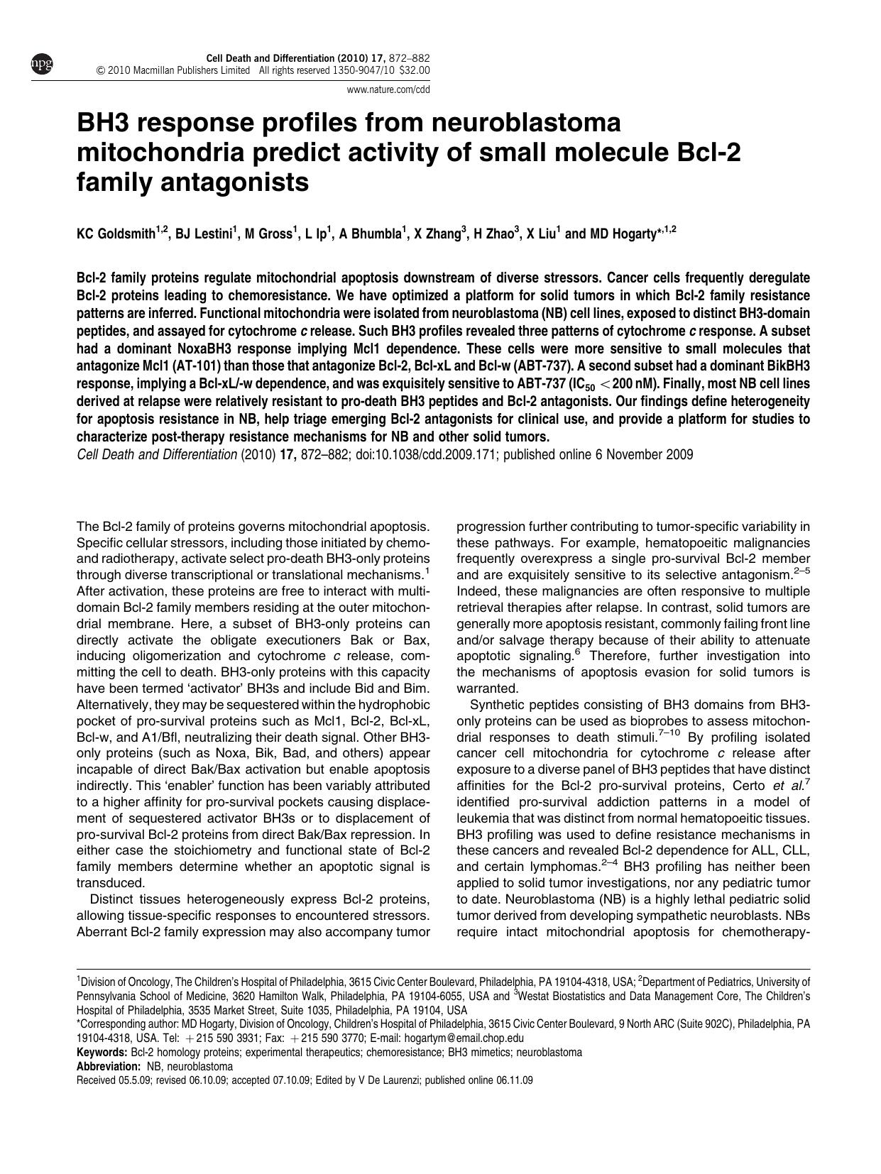 BH3 response profiles from neuroblastoma mitochondria predict activity of small molecule Bcl-2 family antagonists by K C Goldsmith & B J Lestini & M Gross & L Ip & A Bhumbla & X Zhang & H Zhao & X Liu & M D Hogarty