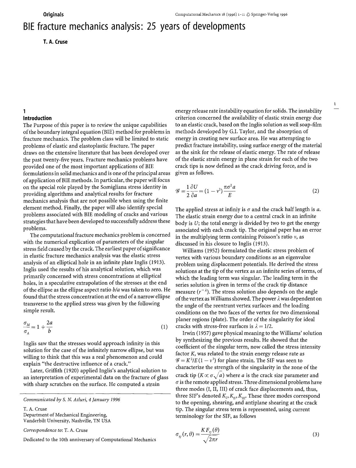 BIE fracture mechanics analysis: 25 years of developments by Unknown