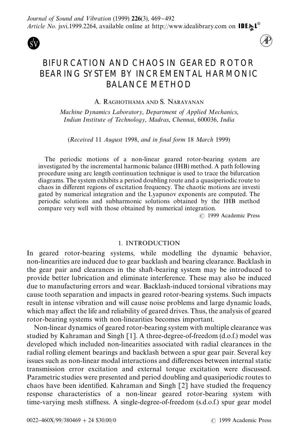 BIFURCATION AND CHAOS IN GEARED ROTOR BEARING SYSTEM BY INCREMENTAL HARMONIC BALANCE METHOD by RAGHOTHAMA A. & NARAYANAN S