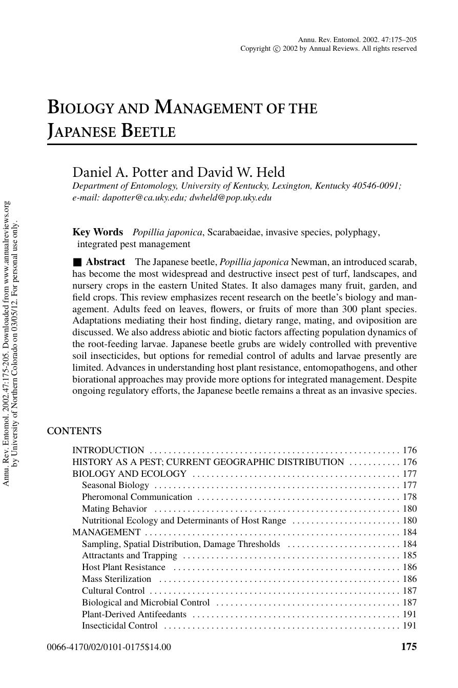 BIOLOGY AND MANAGEMENT OF THE JAPANESE BEETLE by Daniel A. Potter & David W. Held