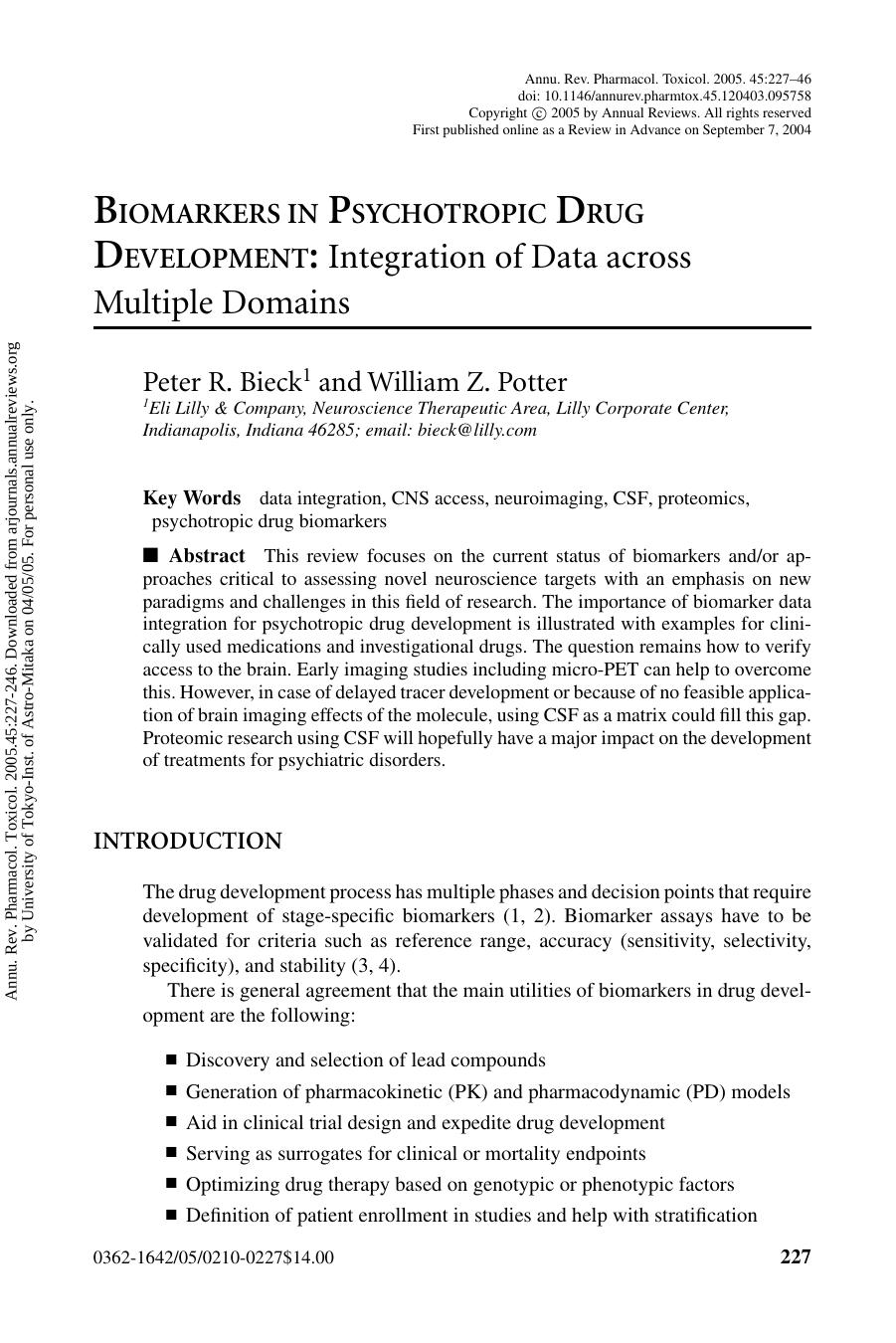 BIOMARKERS IN PSYCHOTROPIC DRUG DEVELOPMENT: Integration of Data across Multiple Domains by Peter R. Bieck & William Z. Potter