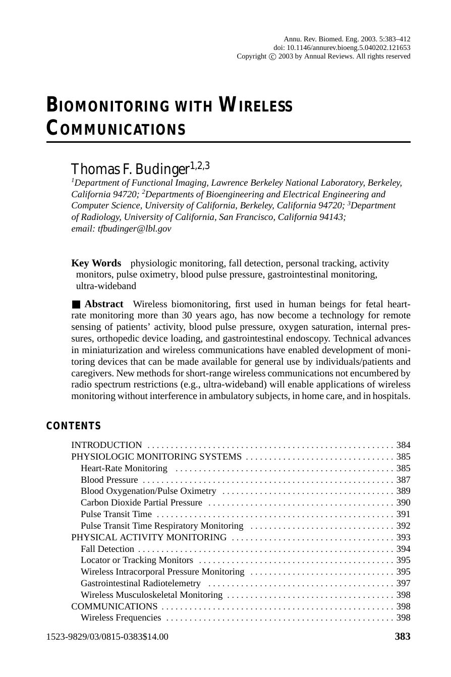 BIOMONITORING WITH WIRELESS COMMUNICATIONS by Thomas F. Budinger1 2 3