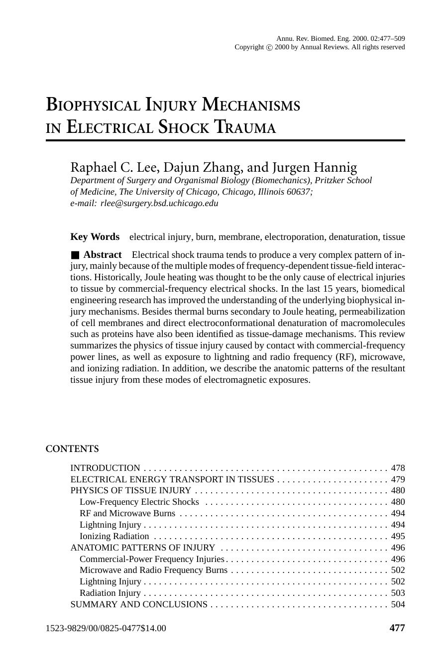 BIOPHYSICAL INJURY MECHANISMS IN ELECTRICAL SHOCK TRAUMA by Raphael C. Lee Dajun Zhang and Jurgen Hannig