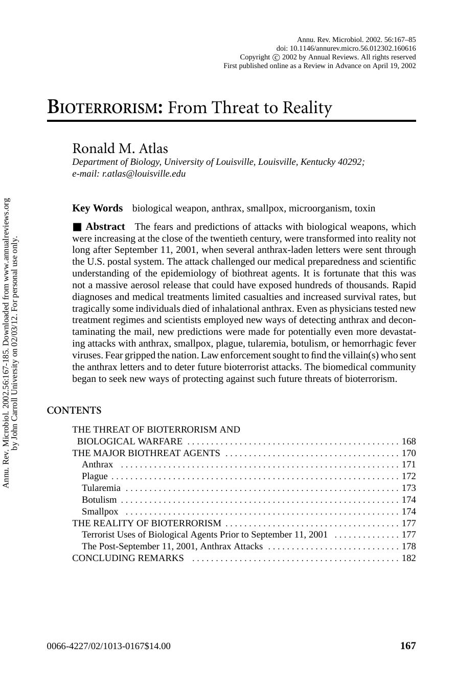 BIOTERRORISM: From Threat to Reality by Ronald M. Atlas