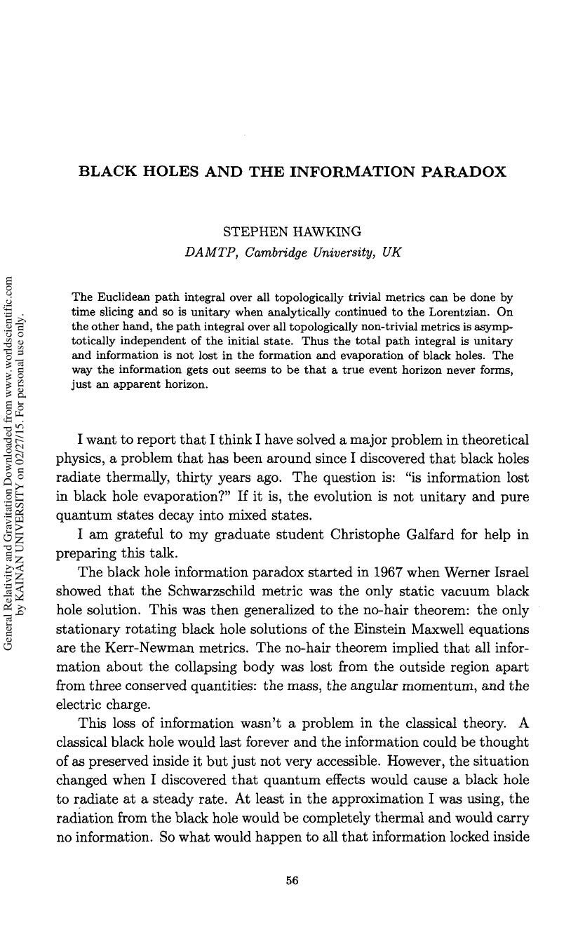 BLACK HOLES AND THE INFORMATION PARADOX by STEPHEN HAWKING