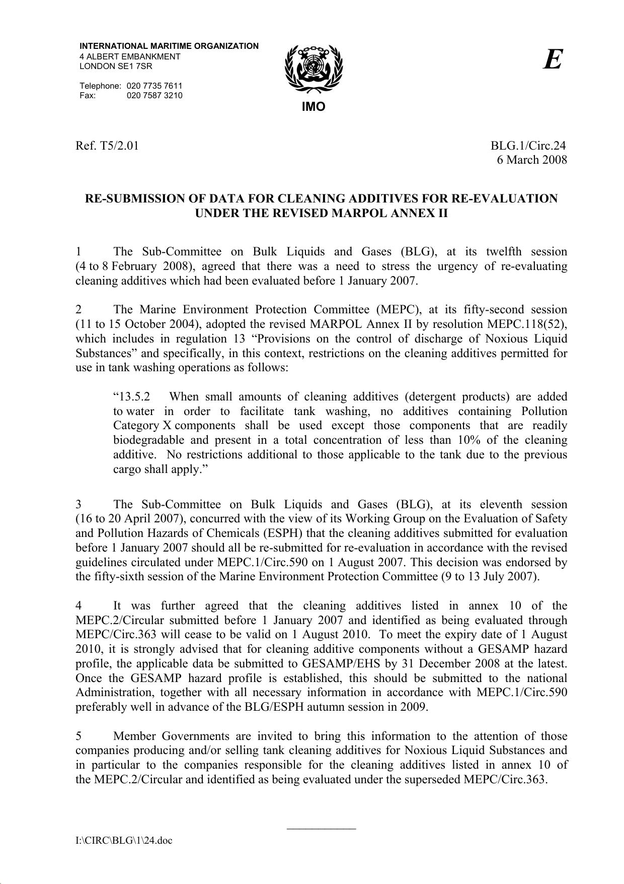 BLG.1-Circ.24 - Re-Submission Of Data For Cleaning Additives For Re-Evaluation by Redistributed by Regs4ships Ltd