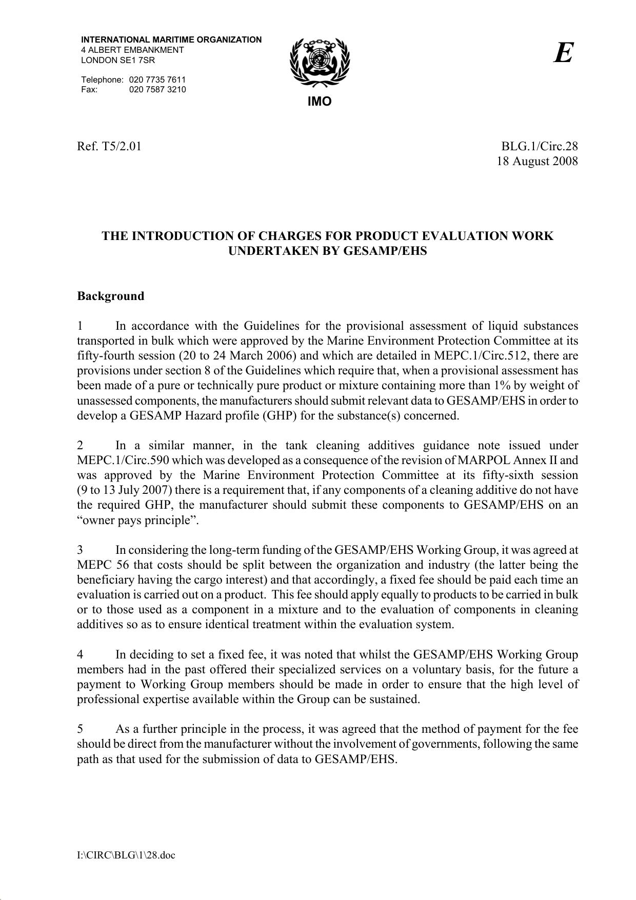 BLG.1-Circ.28 - The Introduction Of Charges For Product Evaluation Work by Redistributed by Regs4ships Ltd