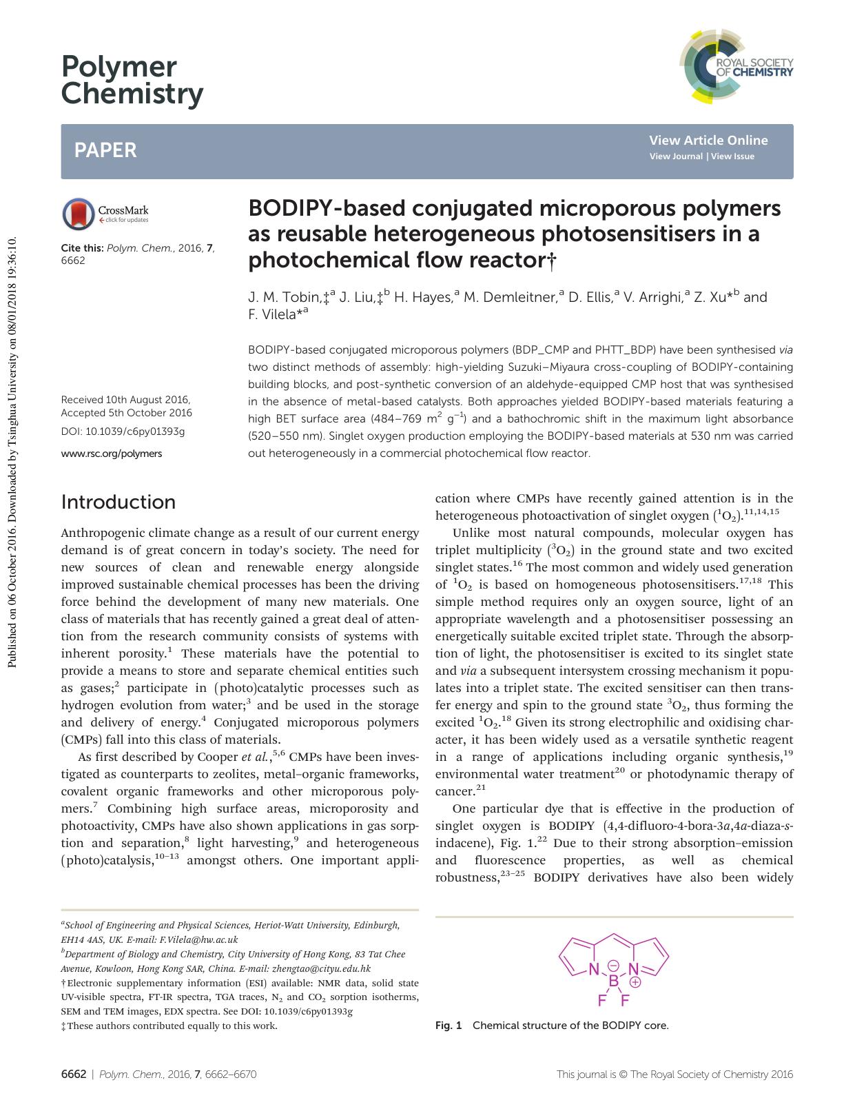 BODIPY-based conjugated microporous polymers as reusable heterogeneous photosensitisers in a photochemical flow reactor by J. M. Tobin J. Liu H. Hayes M. Demleitner D. Ellis V. Arrighi Z. Xu F. Vilela