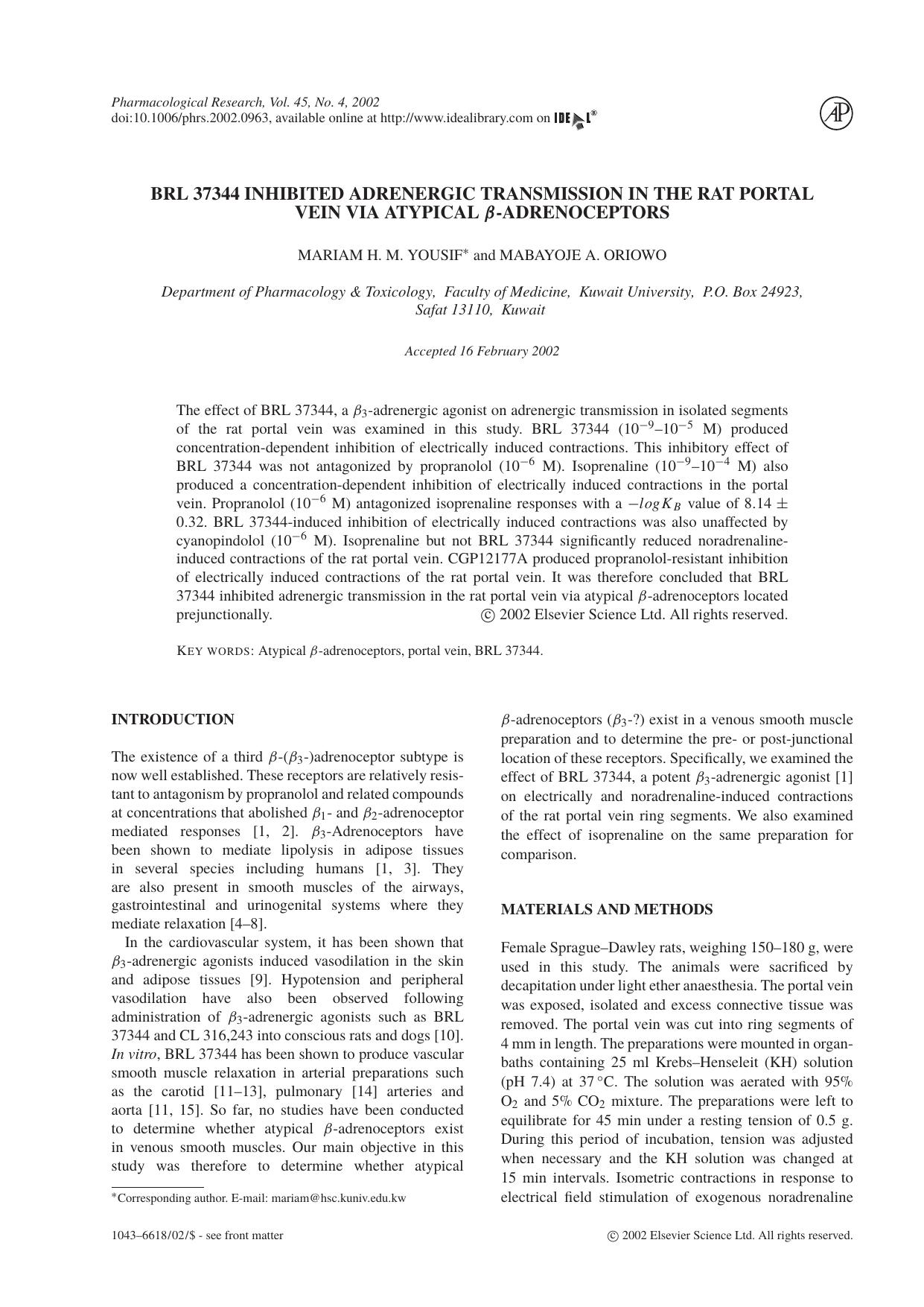 BRL 37344 Inhibited Adrenergic Transmission In The Rat Portal Vein Via Atypical beta-Adrenoceptors by M. H. M. Yousif & M. A. Oriowo