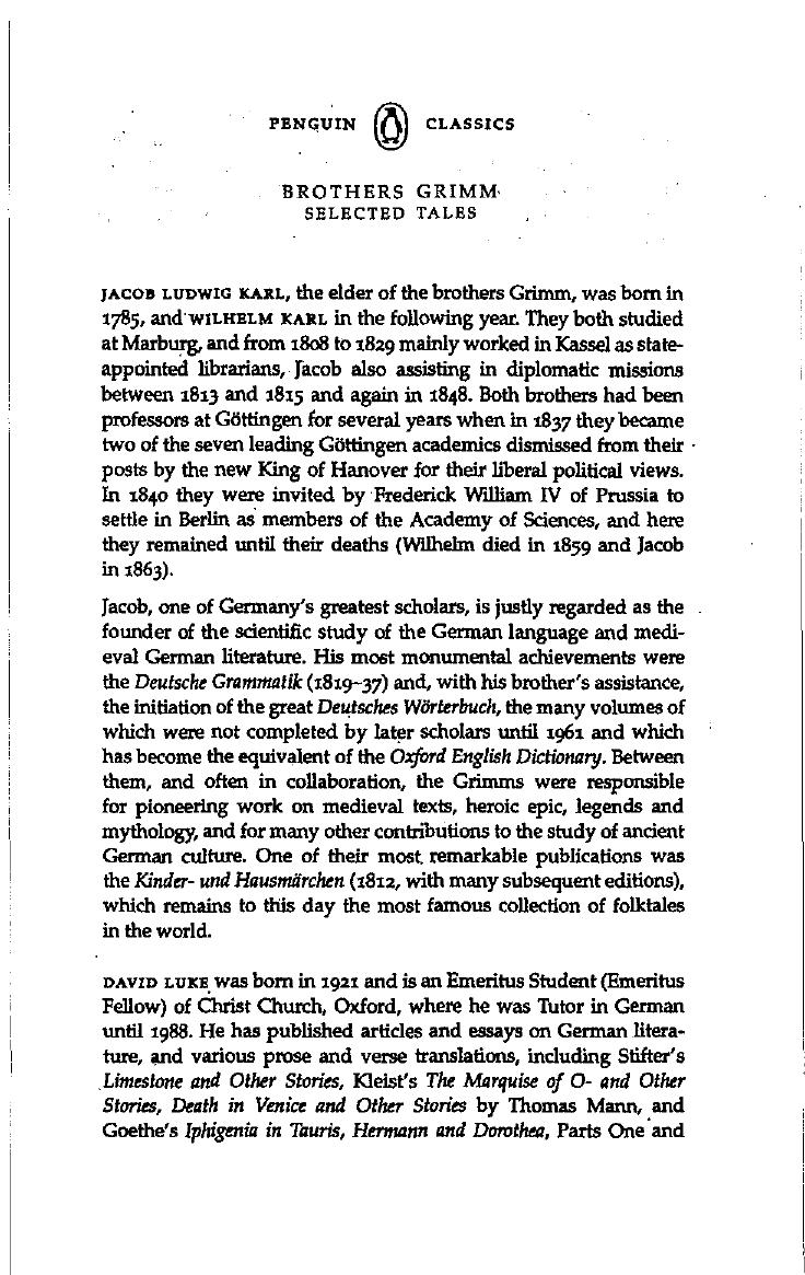 BROTHERS GRIMM Selected Tales by David Luke