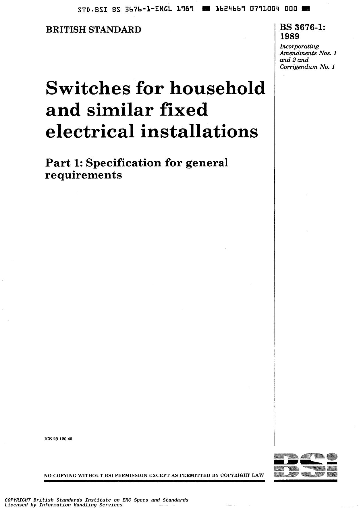 BS 3676-1 Switches for household and similar fixed electrical installations by Unknown