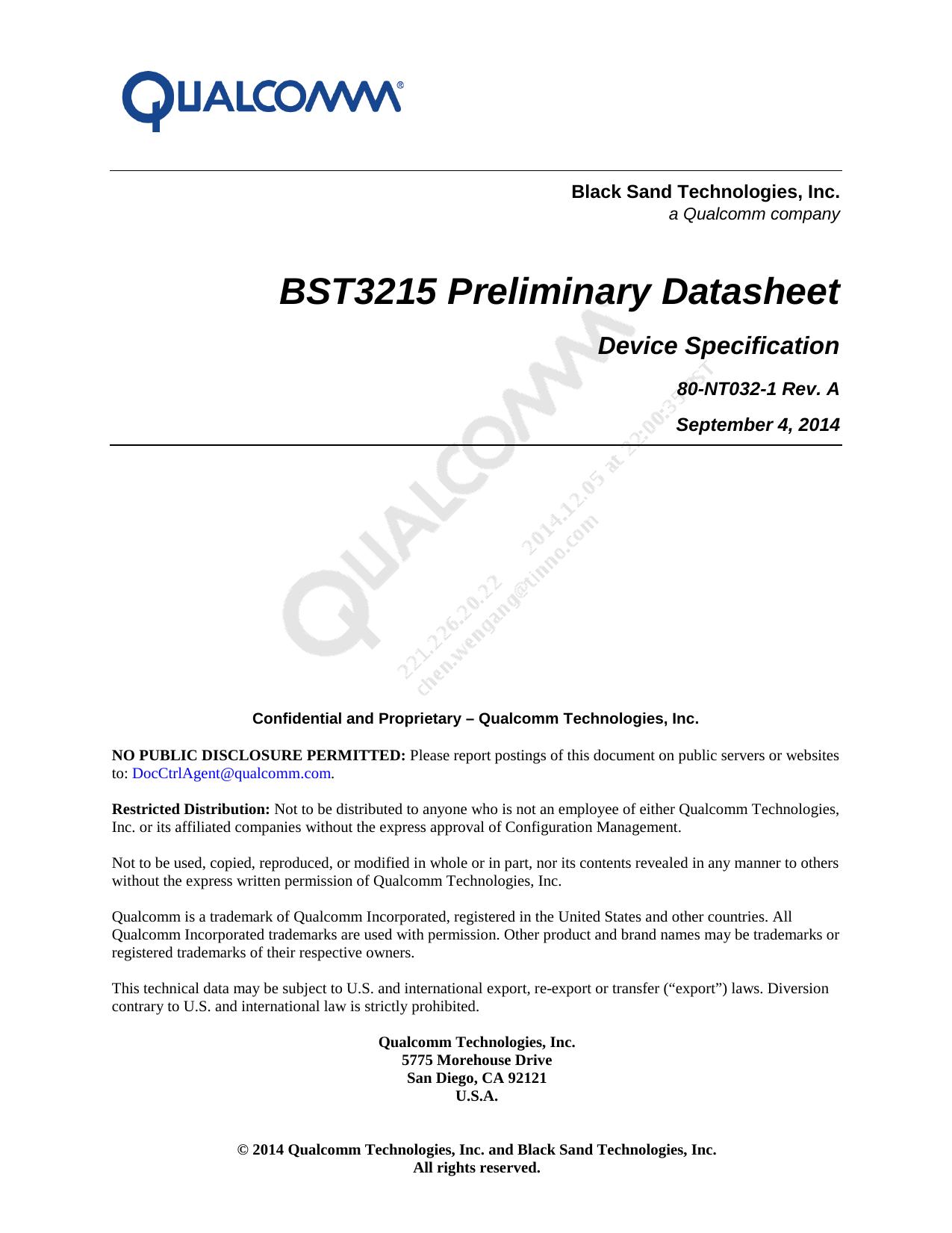 BST3215 Preliminary Datasheet Device Specification by Black Sand Technologies Inc. Qualcomm Technologies Inc