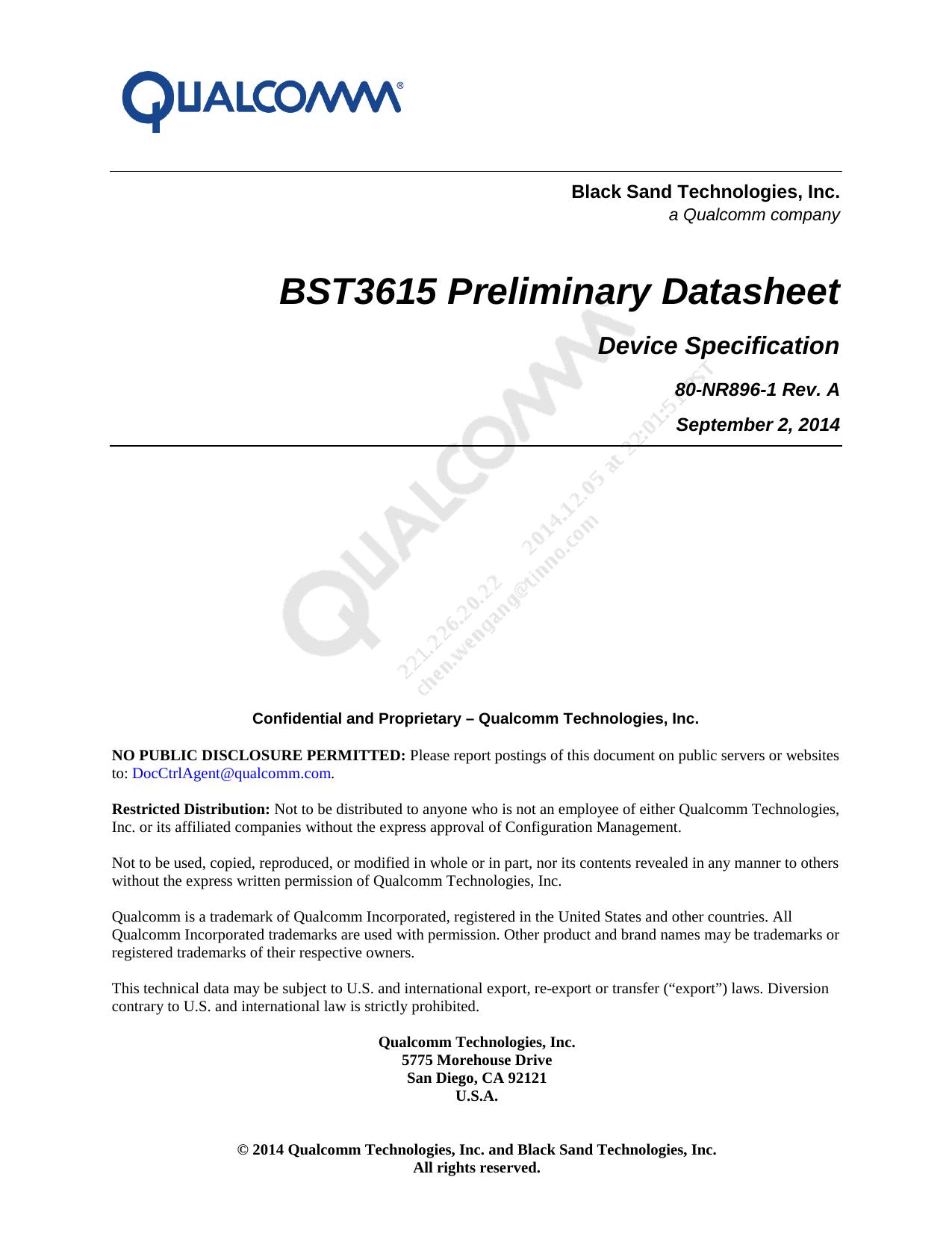 BST3615 Preliminary Datasheet Device Specification by Black Sand Technologies Inc. Qualcomm Technologies Inc