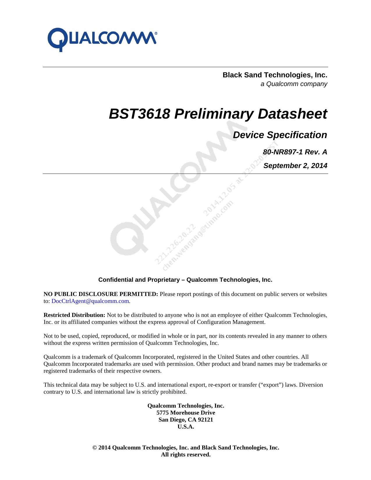 BST3618 Preliminary Datasheet Device Specification by Black Sand Technologies Inc. Qualcomm Technologies Inc