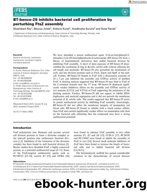 BTâbenzoâ29 inhibits bacterial cell proliferation by perturbing FtsZ assembly by Unknown