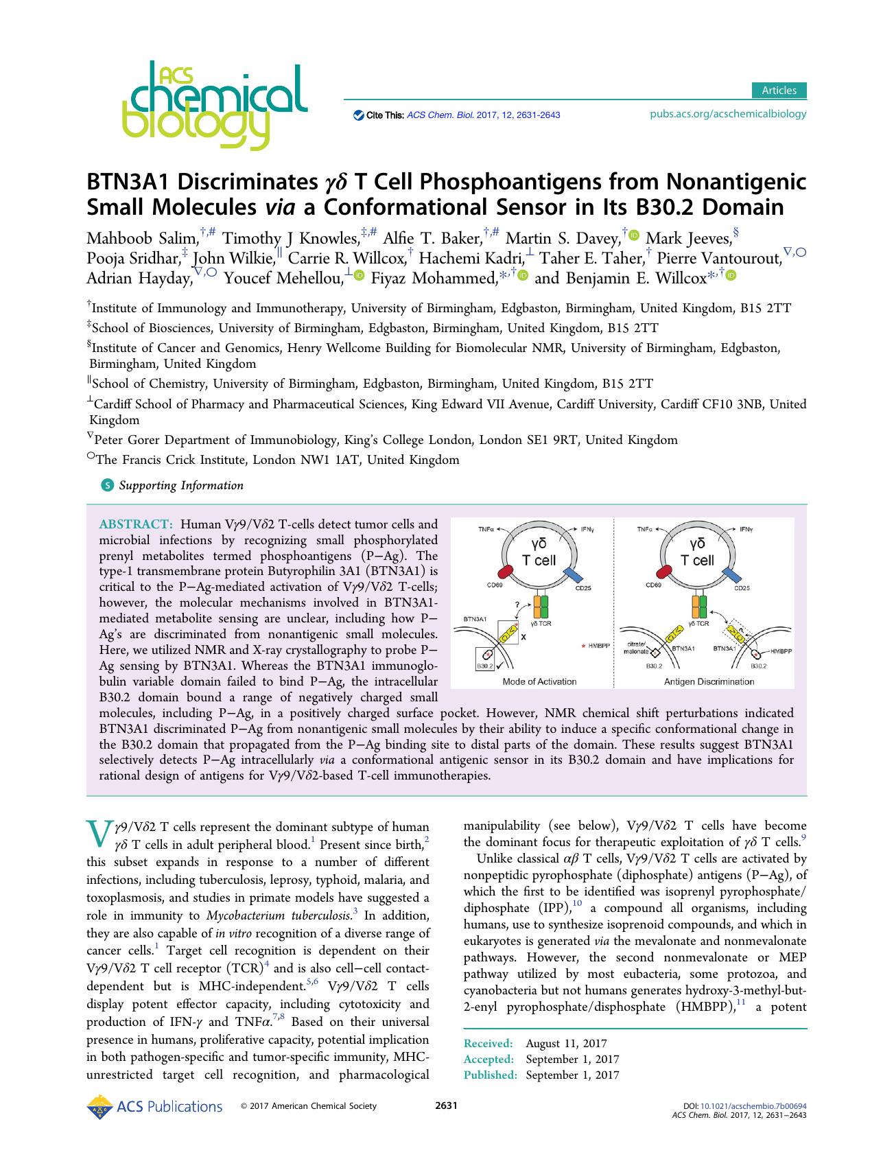 BTN3A1 Discriminates Î³Î´ T Cell Phosphoantigens from Nonantigenic Small Molecules via a Conformational Sensor in Its B30.2 Domain by unknow