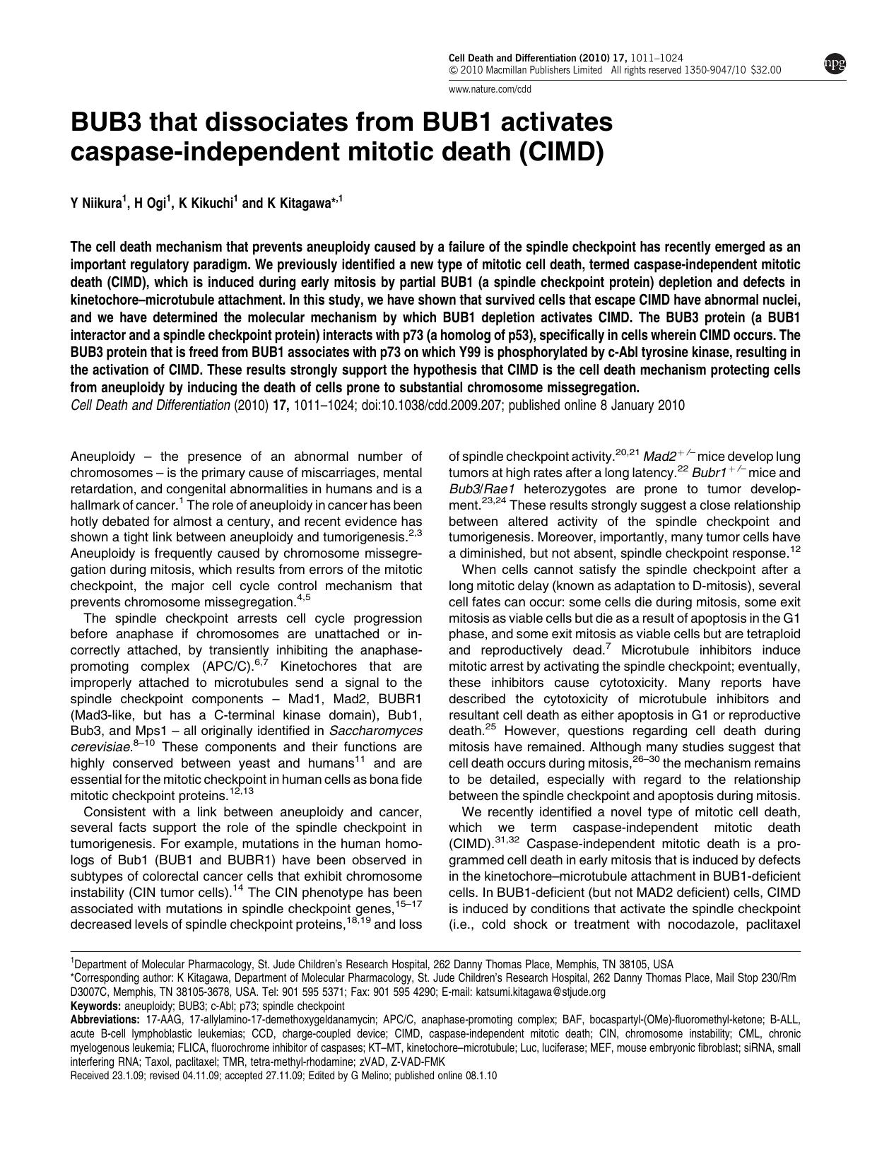 BUB3 that dissociates from BUB1 activates caspase-independent mitotic death (CIMD) by Y Niikura & H Ogi & K Kikuchi & K Kitagawa