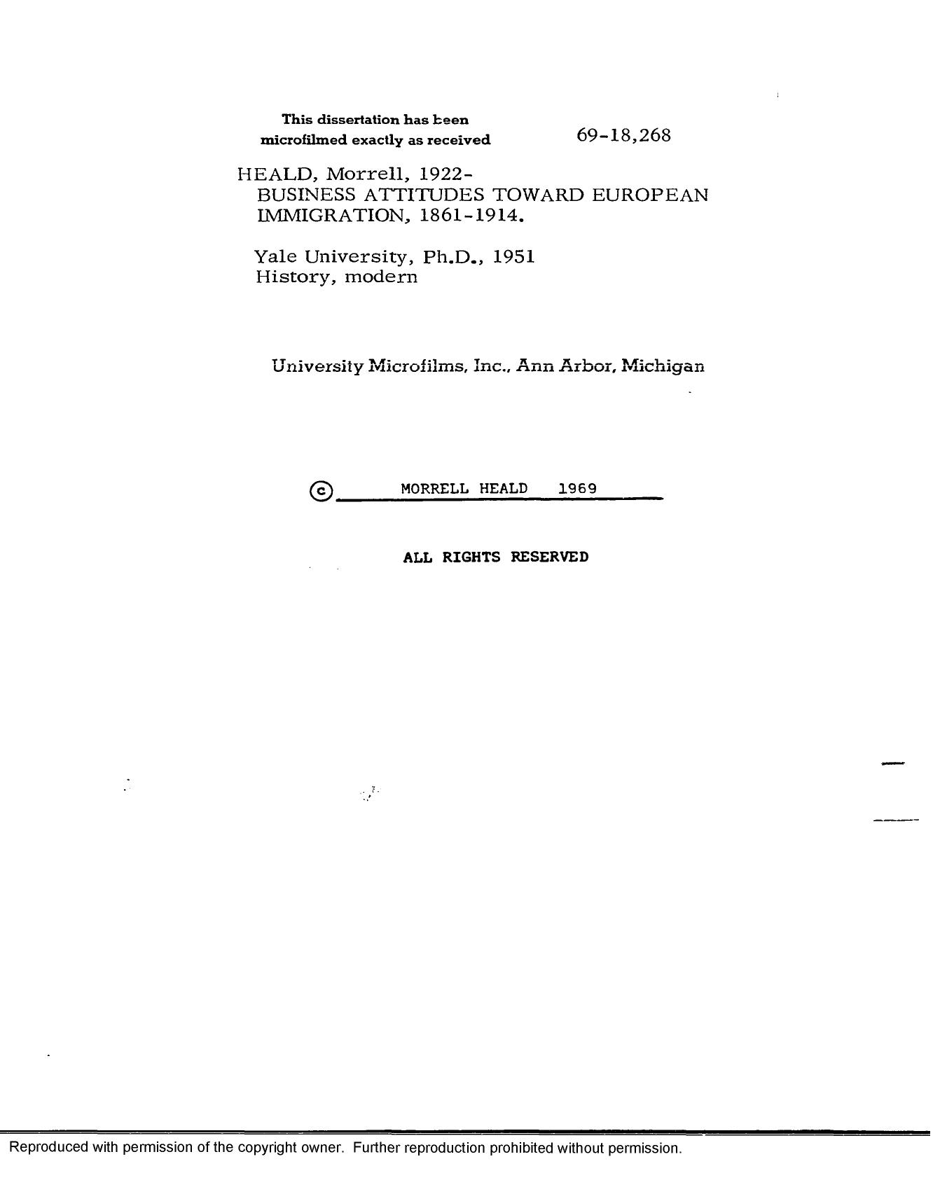 BUSINESS ATTITUDES TOWARD EUROPEAN IMMIGRATION, 1861-1914 by HEALD MORRELL